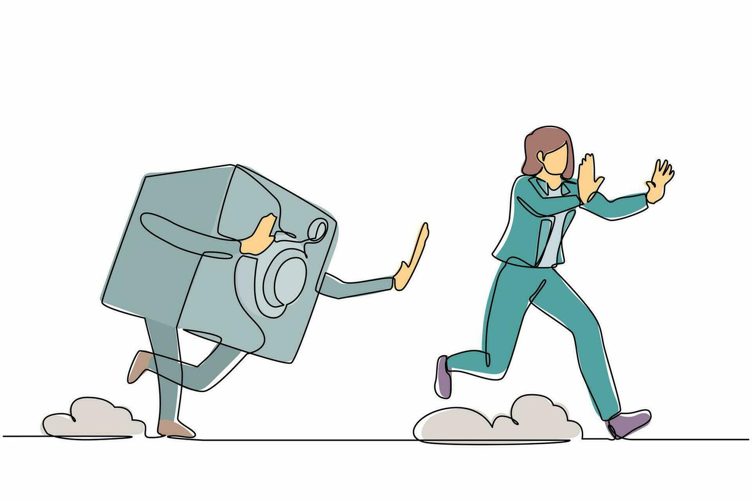 Continuous one line drawing scared businesswoman being chased by safe deposit box. Female worker hurry in financial secure system, banking protection. Single line design vector graphic illustration