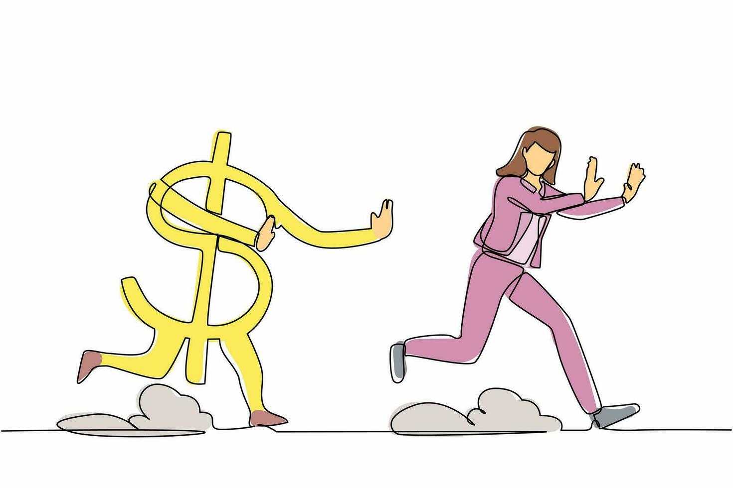 dibujo continuo de una línea mujer de negocios asustada perseguida por el símbolo del dólar. empleado perdiendo su dinero. crisis financiera. metáfora minimalista. ilustración gráfica de vector de diseño de dibujo de una sola línea