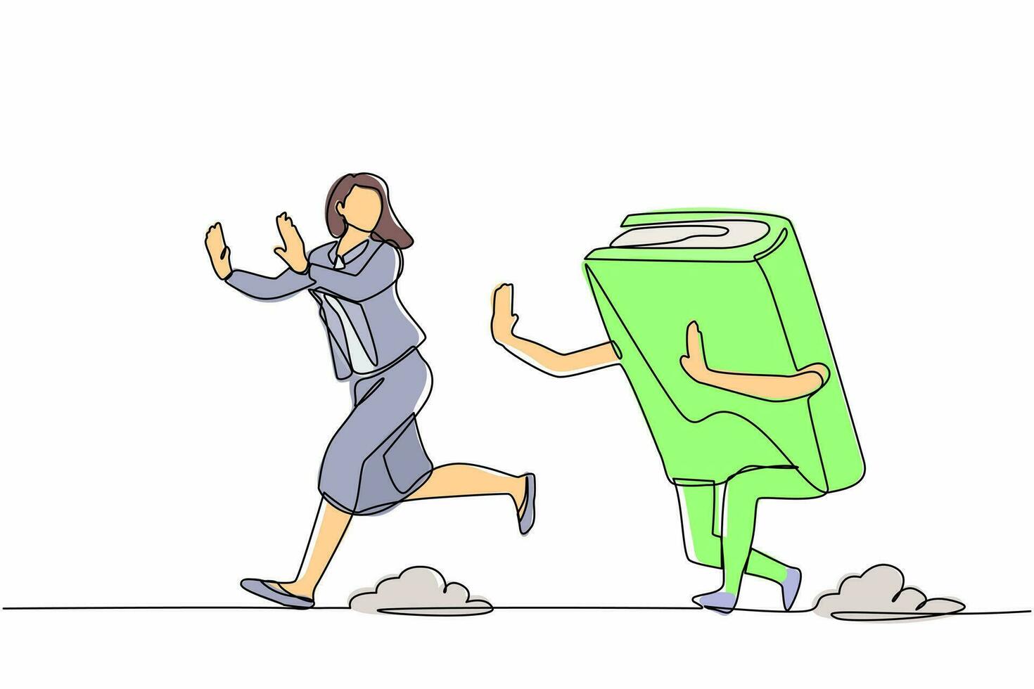 Single continuous line drawing scared businesswoman being chased by book. Female worker hurry in higher education to pursue career growth. Minimalism metaphor. One line draw design vector illustration