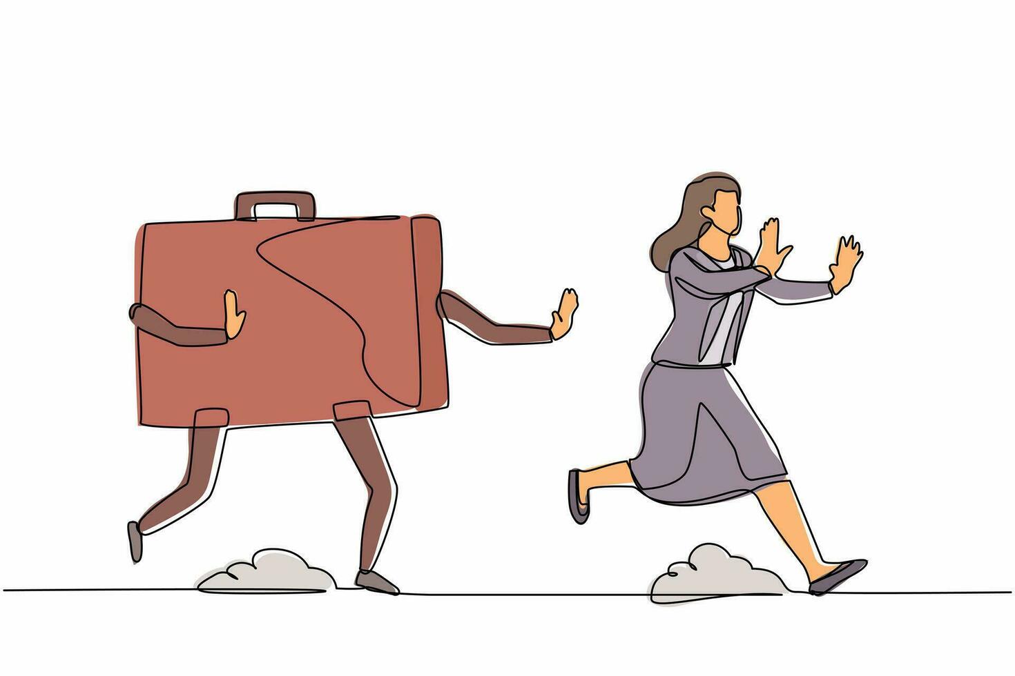 Continuous one line drawing scared businesswoman being chased by briefcase. Female manager hurry in high performance project. Minimalist metaphor. Single line draw design vector graphic illustration