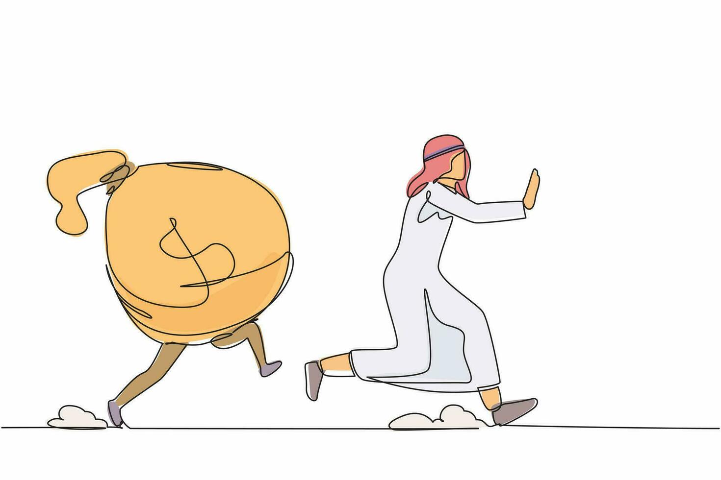 Single one line drawing unhappy Arab businessman being chased by money bag. Loss in business profit, running out for money. Minimal metaphor concept. Continuous line design graphic vector illustration