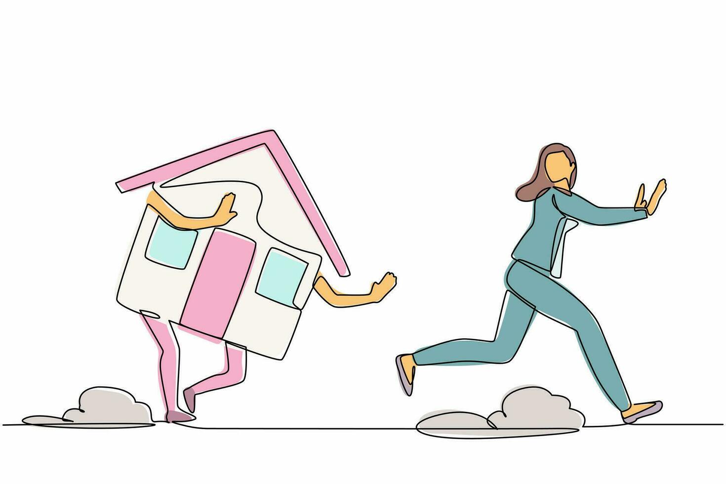 Single one line drawing scared businesswoman being chased by house. Female worker difficulty of housing loan, real estate investment. Minimal metaphor. Continuous line draw design vector illustration