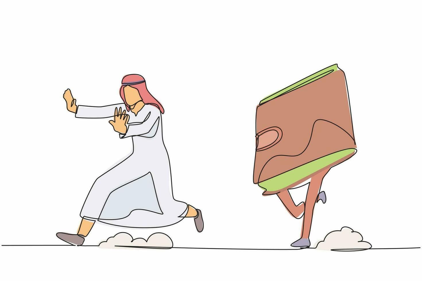 Single one line drawing unhappy Arab businessman being chased by wallet. Losing money or business profit. Cannot pay the bill. Minimal metaphor. Continuous line draw design graphic vector illustration