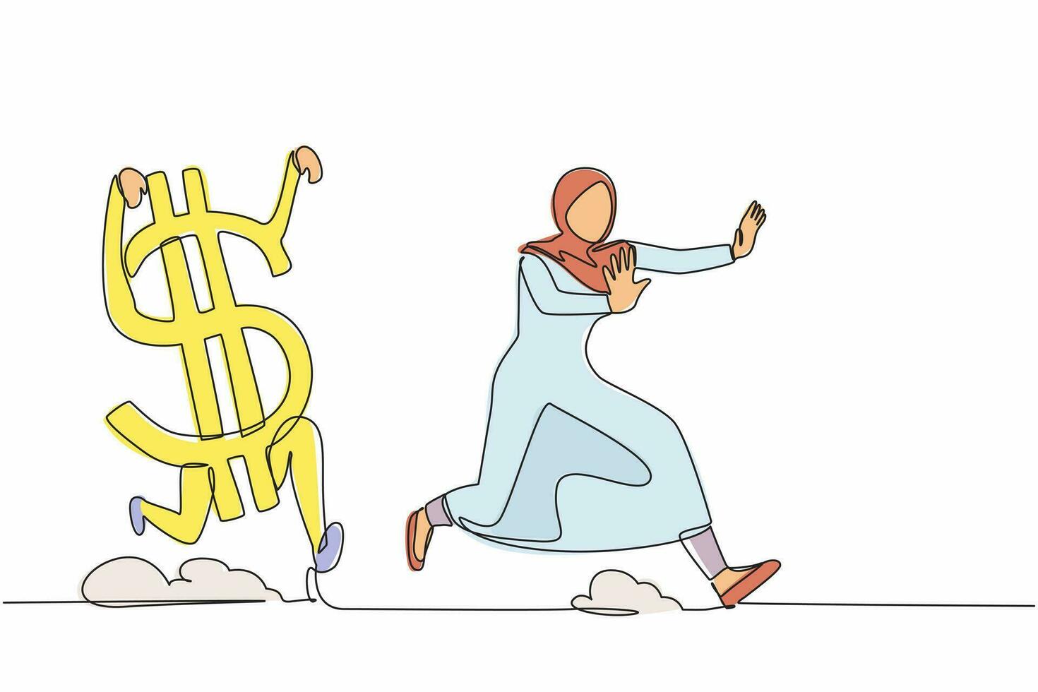 Single one line drawing fright Arab businesswoman being chased by dollar symbol. Female manager afraid with economic or financial crisis. Modern continuous line draw design graphic vector illustration