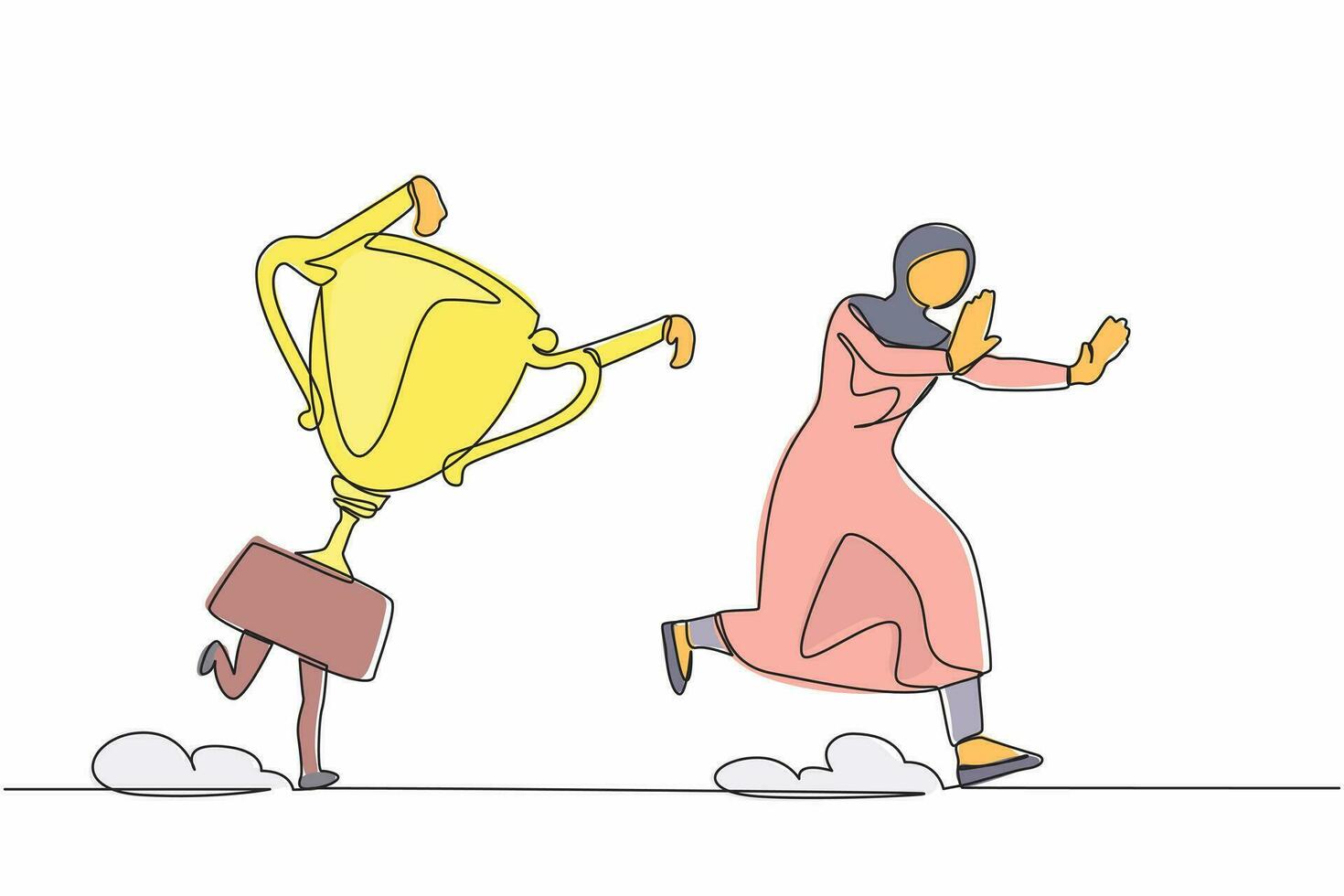 Single continuous line drawing fright Arab businesswoman being chased by trophy. Female manager confused with business goals for winning competition. One line draw graphic design vector illustration