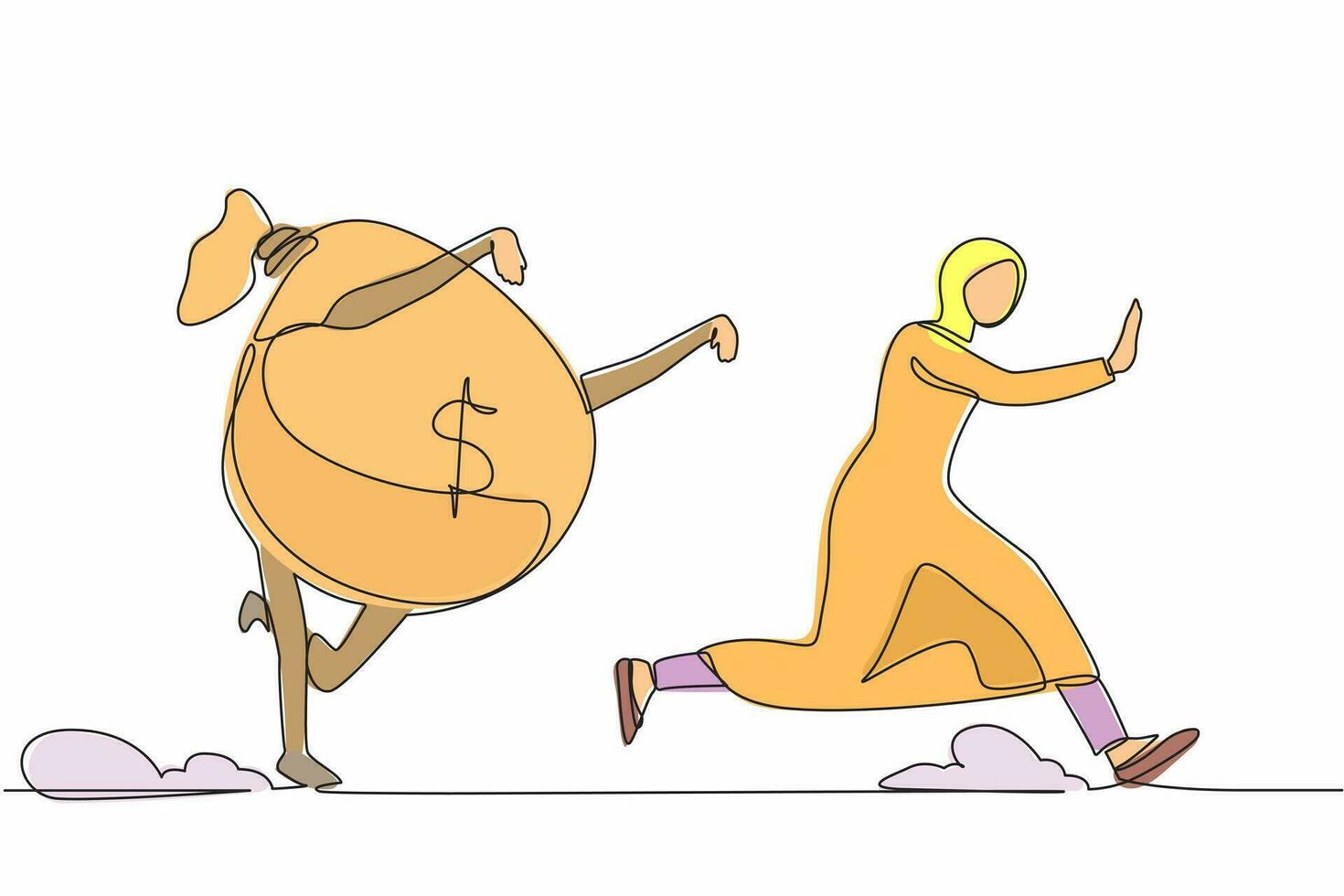 Single one line drawing fright Arab businesswoman being chased by money bag. Female worker hurry in achieving wealth goals. Minimal metaphor concept. Continuous line design graphic vector illustration