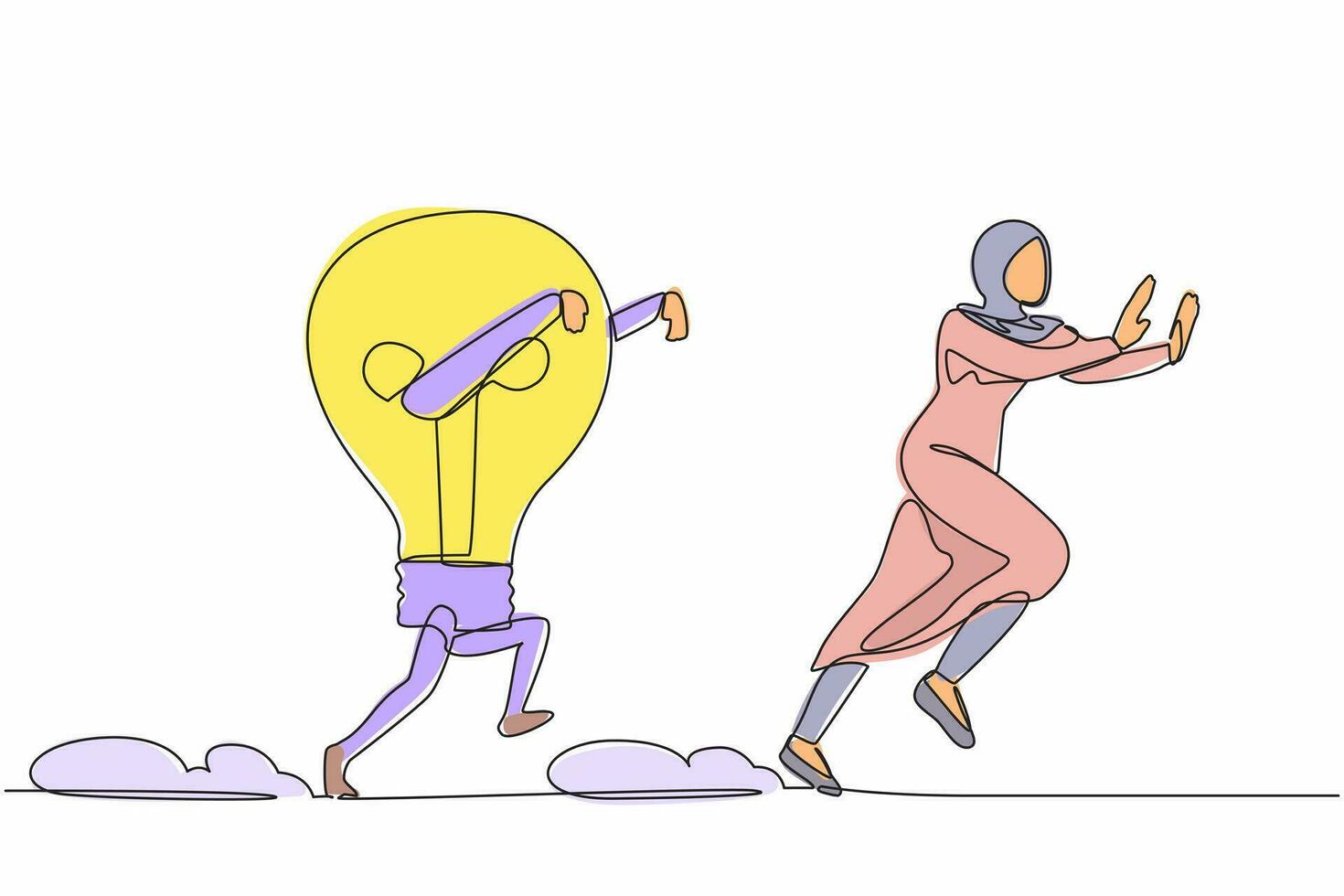 Single one line drawing fright Arab businesswoman being chased by light bulb. Female worker afraid with innovation business idea. Minimal metaphor. Continuous line design graphic vector illustration