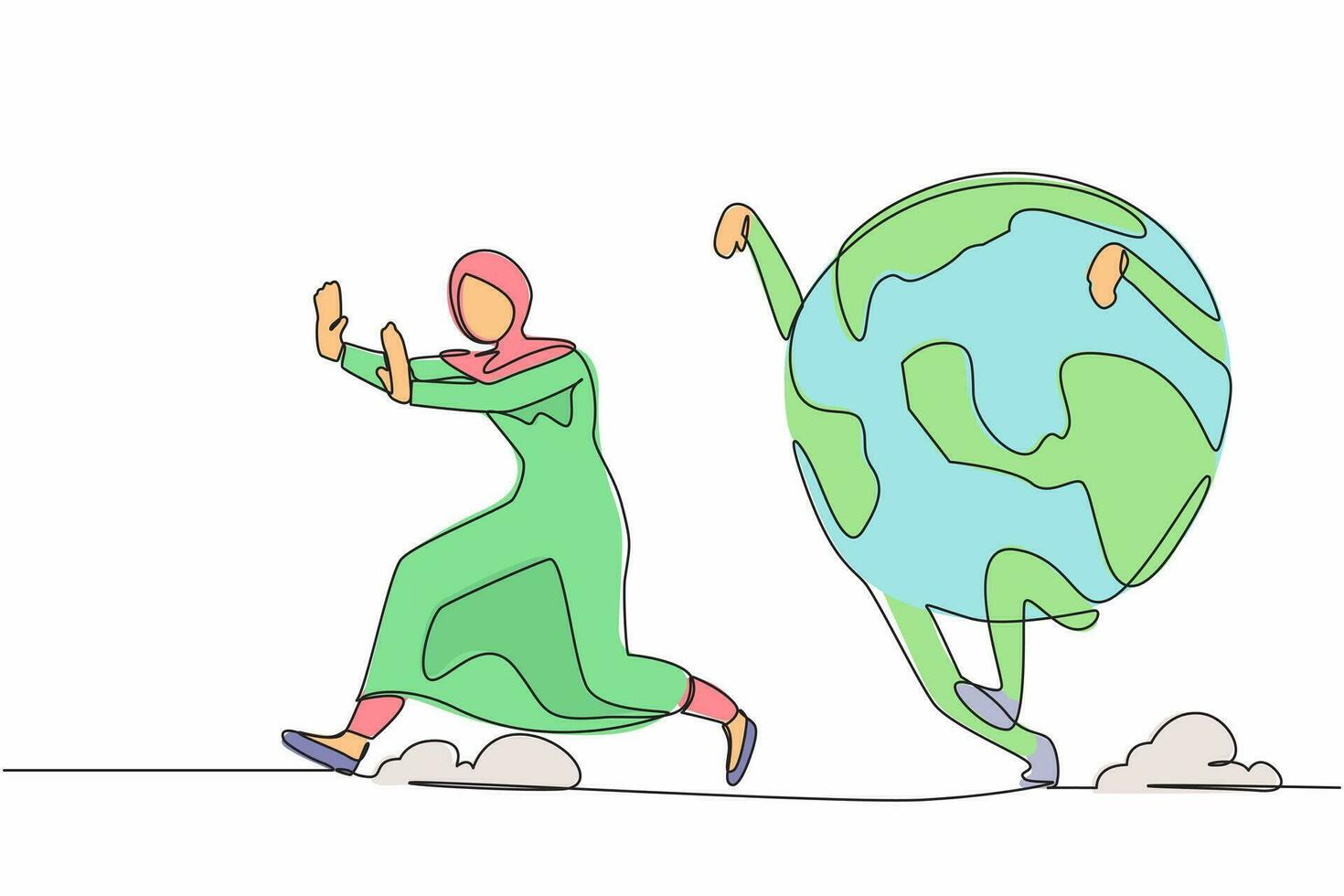 Continuous one line drawing fright Arabian businesswoman being chased by globe. Female manager afraid about climate change. Minimalist metaphor concept. Single line design vector graphic illustration