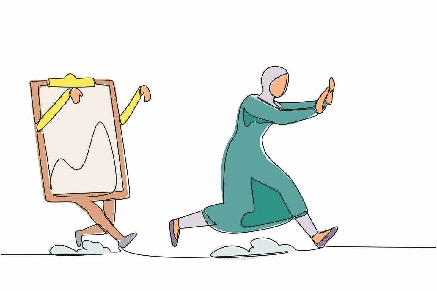 Single continuous line drawing fright Arab businesswoman being chased by clipboard. Female working hurry in finishing checklist paper sheets document. One line draw graphic design vector illustration