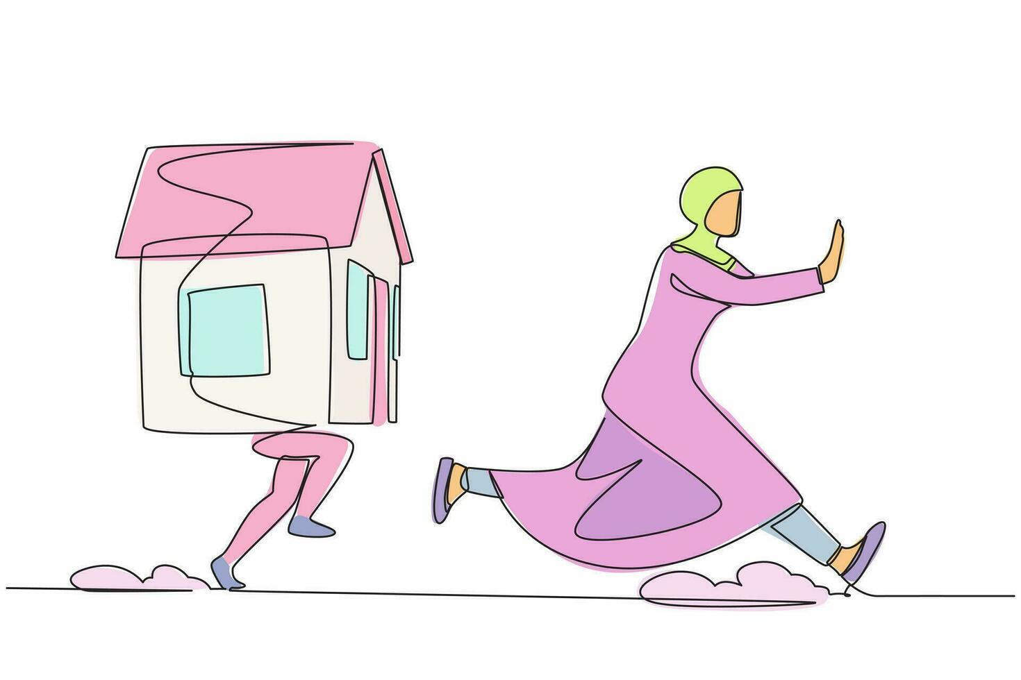 Single one line drawing fright Arab businesswoman being chased by house. Female employee afraid with increasing housing loan. Minimal metaphor. Continuous line draw design graphic vector illustration