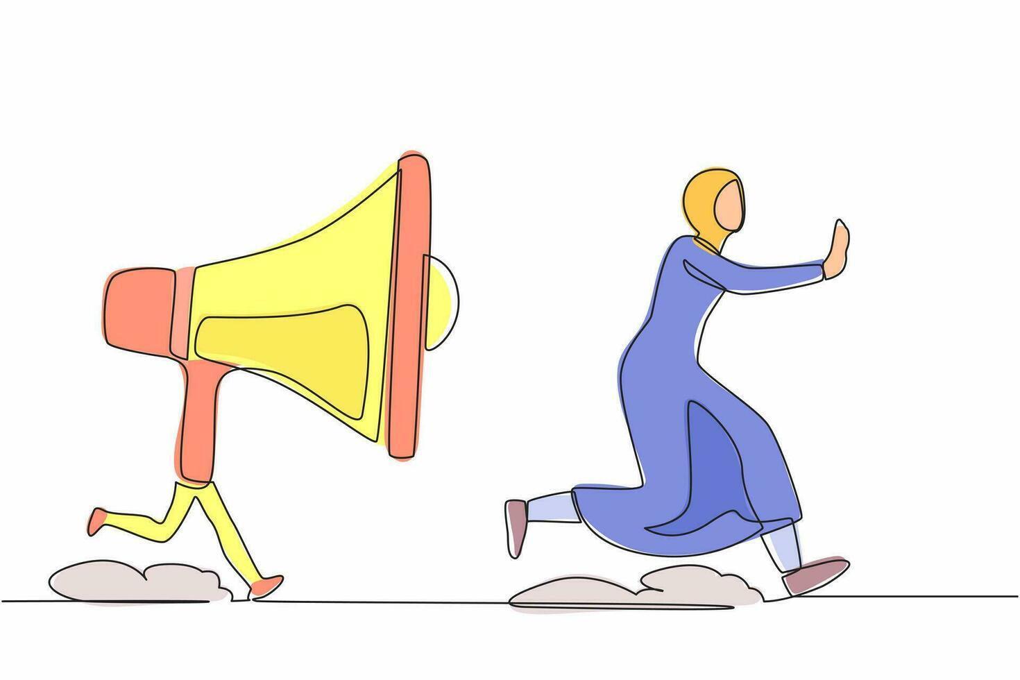Continuous one line drawing fright Arabian businesswoman being chased by megaphone. Active female manager in loud screaming for mass communication. Single line draw design vector graphic illustration