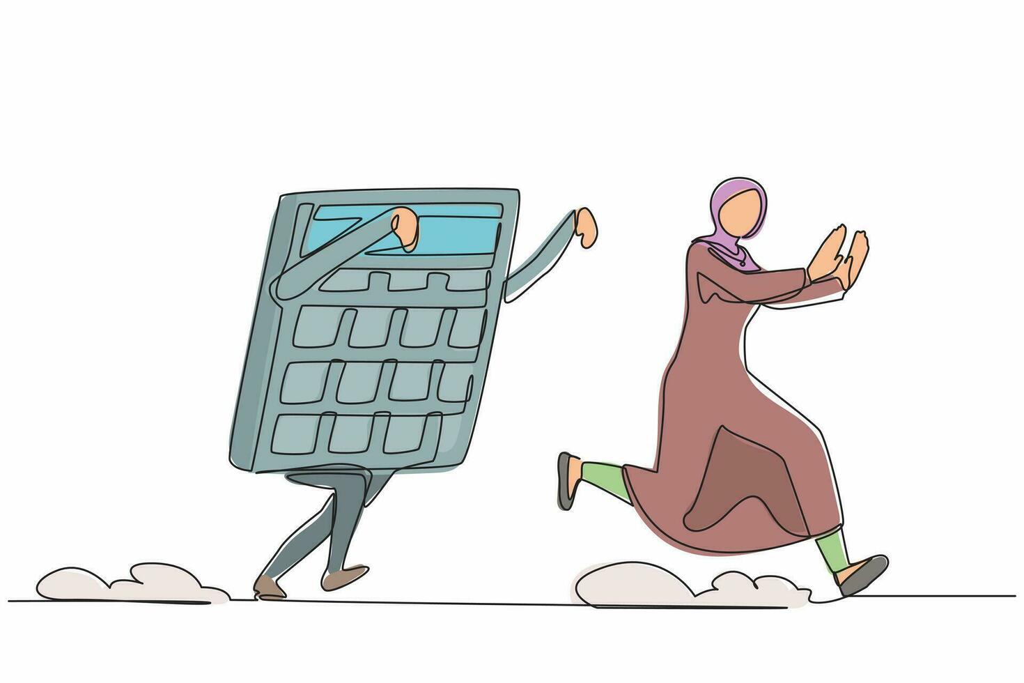 Single continuous line drawing fright Arabian businesswoman being chased by calculator. Female employee difficult in calculations of business project. One line draw graphic design vector illustration