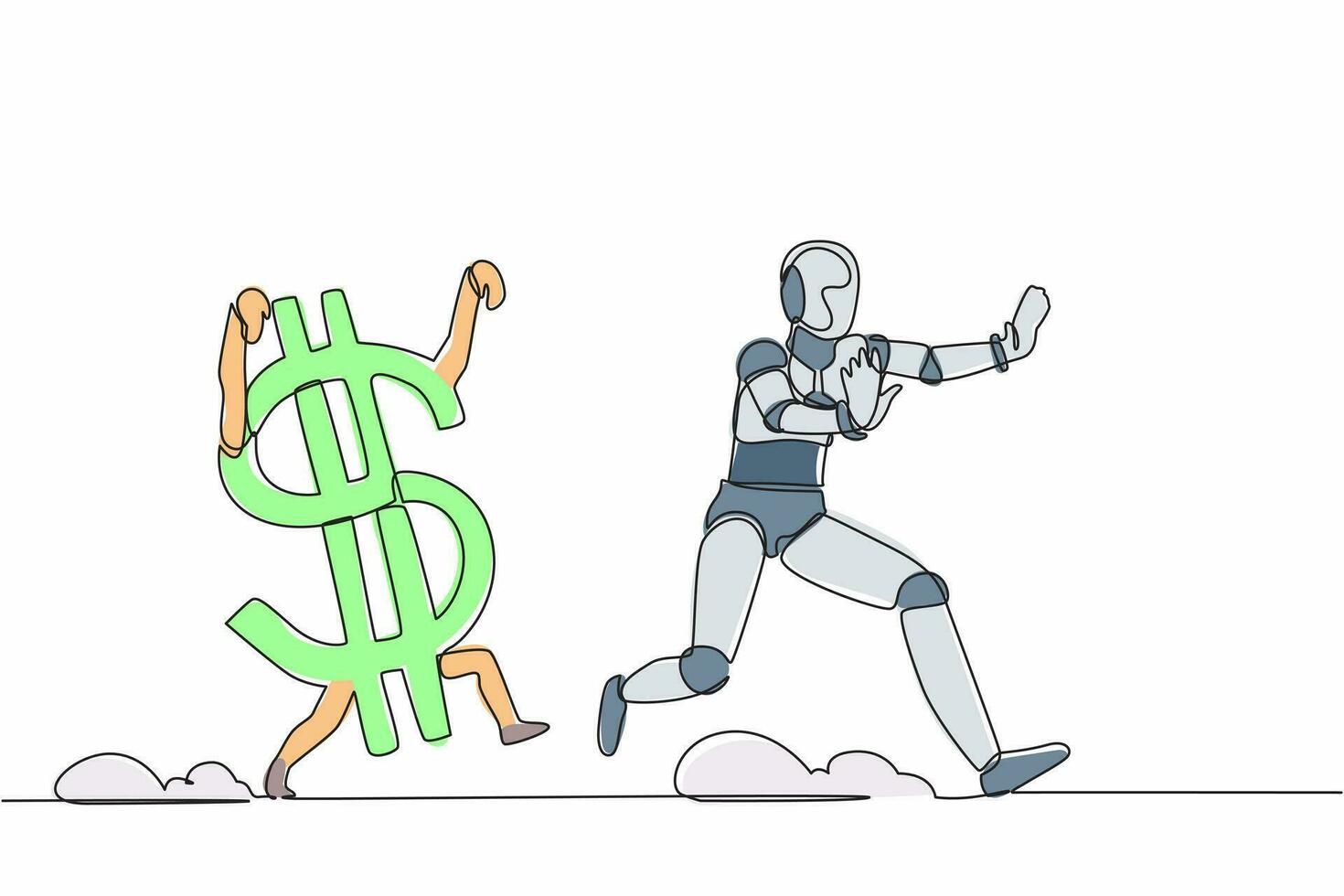 dibujo continuo de una línea robot estresado perseguido por el símbolo del dólar. miedo con crisis económica o financiera. organismo cibernético robot humanoide. ilustración gráfica de vector de diseño de línea única