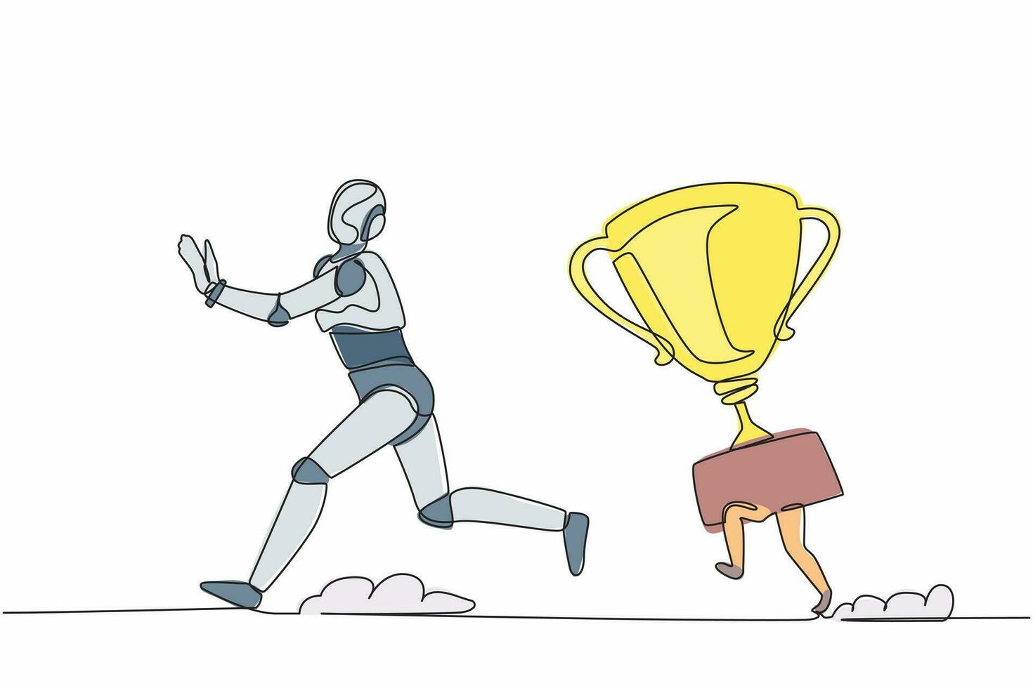 Single continuous line drawing stressed robot being chased by trophy. Confused with business goals for winning competition. Robotic artificial intelligence. One line draw design vector illustration
