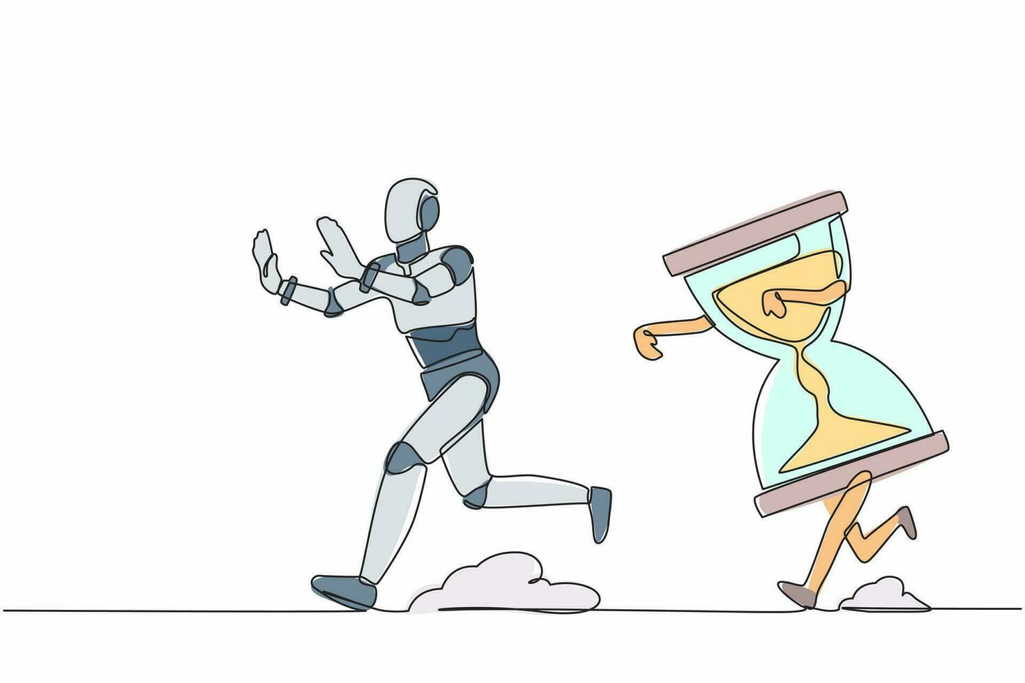 Single continuous line drawing stressed robot being chased by hourglass. Afraid with work deadline, depression. Modern robotic artificial intelligence. One line draw graphic design vector illustration