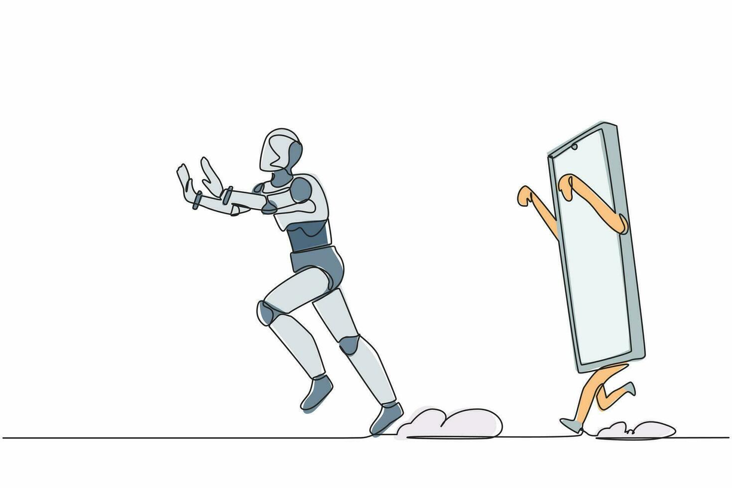 Single continuous line drawing stressed robot being chased by smartphone. Afraid to talk with technology manager. Modern robotic artificial intelligence. One line graphic design vector illustration