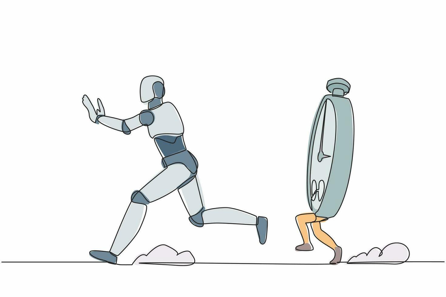 Single one line drawing stressed robot being chased by stopwatch. Afraid in project measurement and deadline. Future robotic technology development. Continuous line design graphic vector illustration