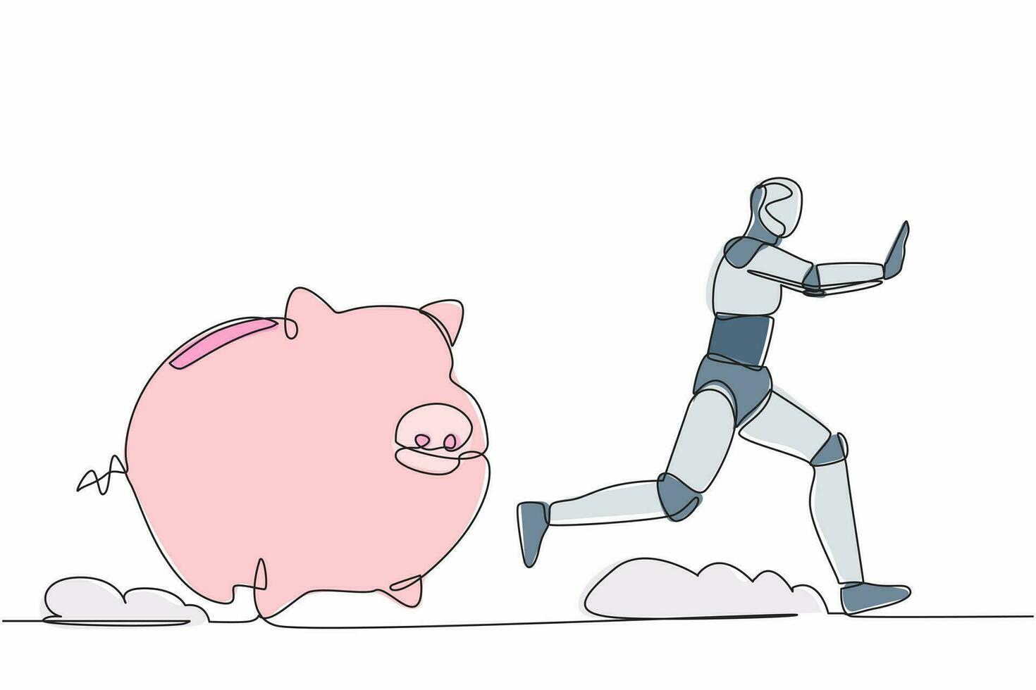 Single continuous line drawing stressed robot being chased by piggy bank. Economic crash. Losing money in tech industry. Robotic artificial intelligence. One line design vector graphic illustration