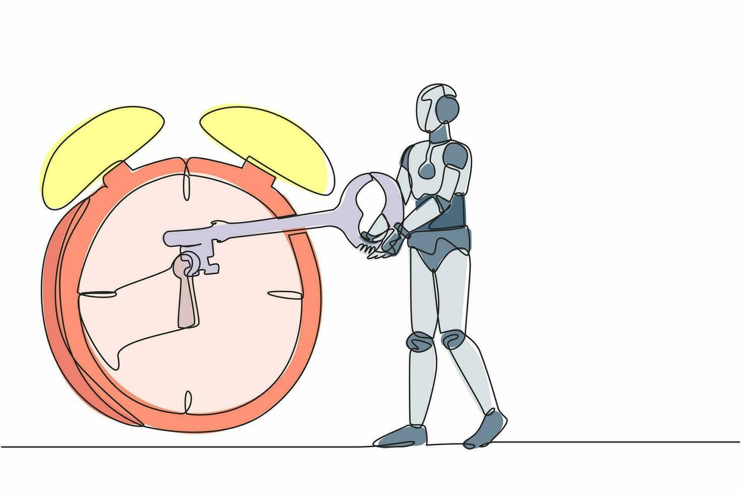 Single one line drawing robot putting big key into alarm clock. Deadline work to finish. Time management. Future technology development. Modern continuous line draw design graphic vector illustration