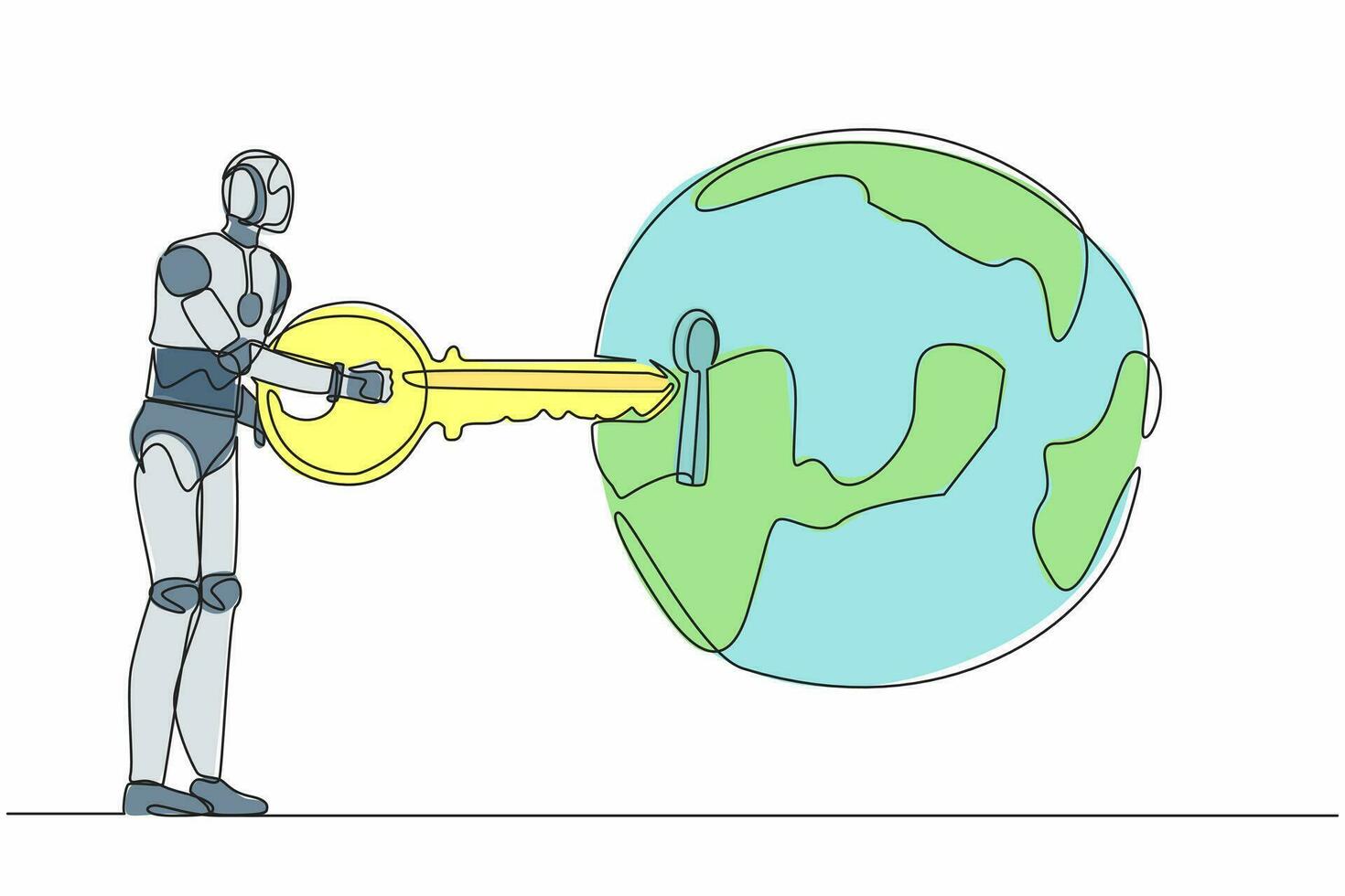 Continuous one line drawing robot putting key into globe. Global warming alert for ecosystem around the world. Humanoid robot cybernetic organism. Single line draw design vector graphic illustration