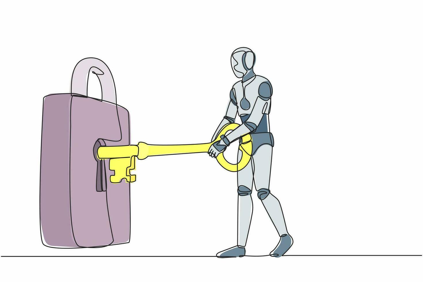 robot de dibujo continuo de una línea que pone la llave grande en el candado. seguridad empresarial, protección de la propiedad privada. organismo cibernético robot humanoide. ilustración gráfica de vector de diseño de dibujo de una sola línea