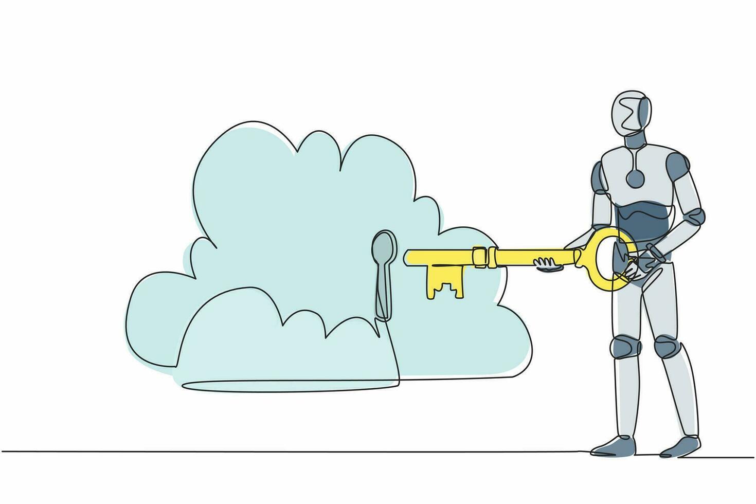 Continuous one line drawing robot putting big key into cloud. Safety storage, password lock security authentication. Humanoid robot cybernetic organism. Single line design vector graphic illustration