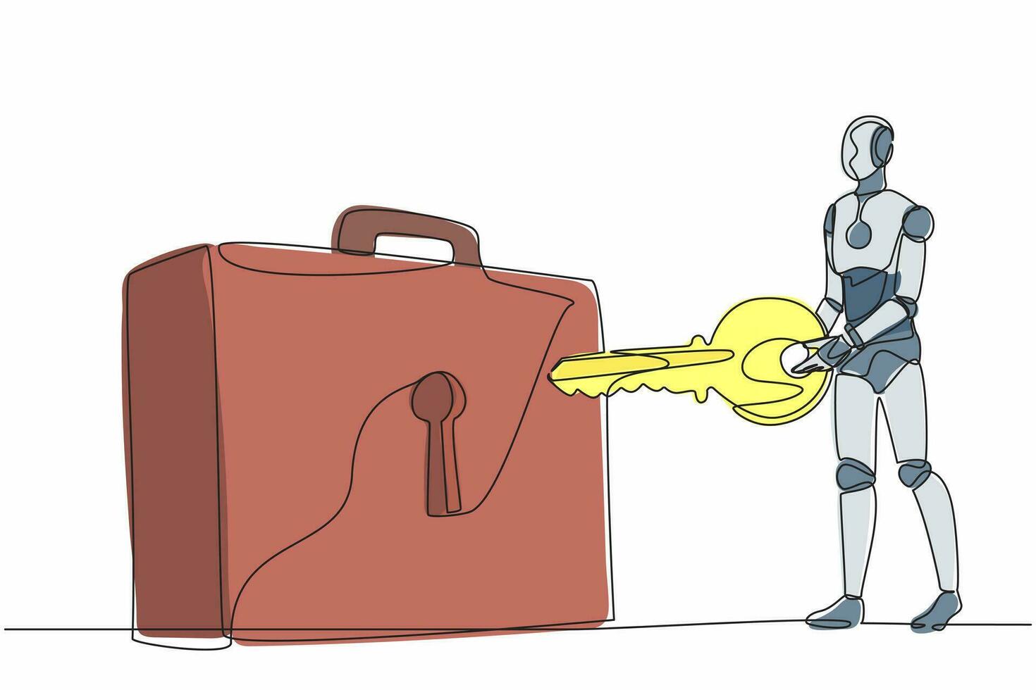Single one line drawing robot putting key into briefcase. Safety bag for secret document. Investment portfolio. Future technology development. Continuous line draw design graphic vector illustration