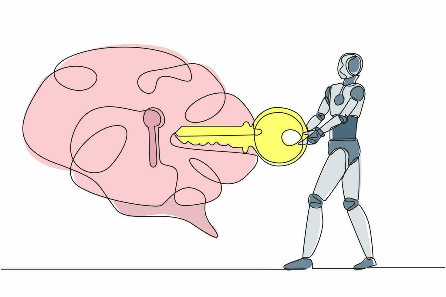 Single continuous line drawing robot putting key into brain. Unlock personality for better healthy. Open mind. Modern robotic artificial intelligence. One line draw graphic design vector illustration