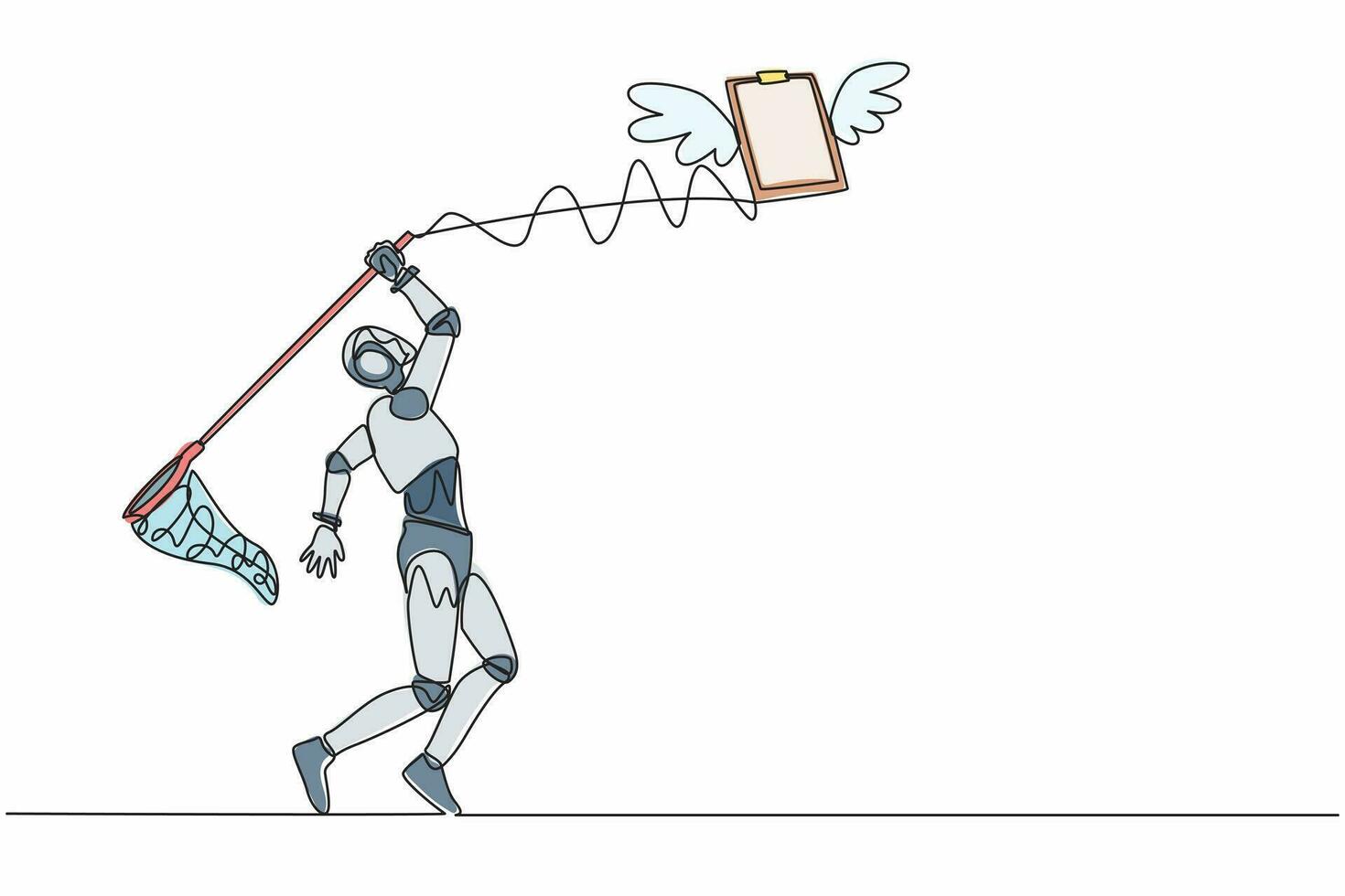 Single continuous line drawing robot try to catching flying clipboard with butterfly net. Technology for checklist document. Robotic artificial intelligence. One line draw design vector illustration
