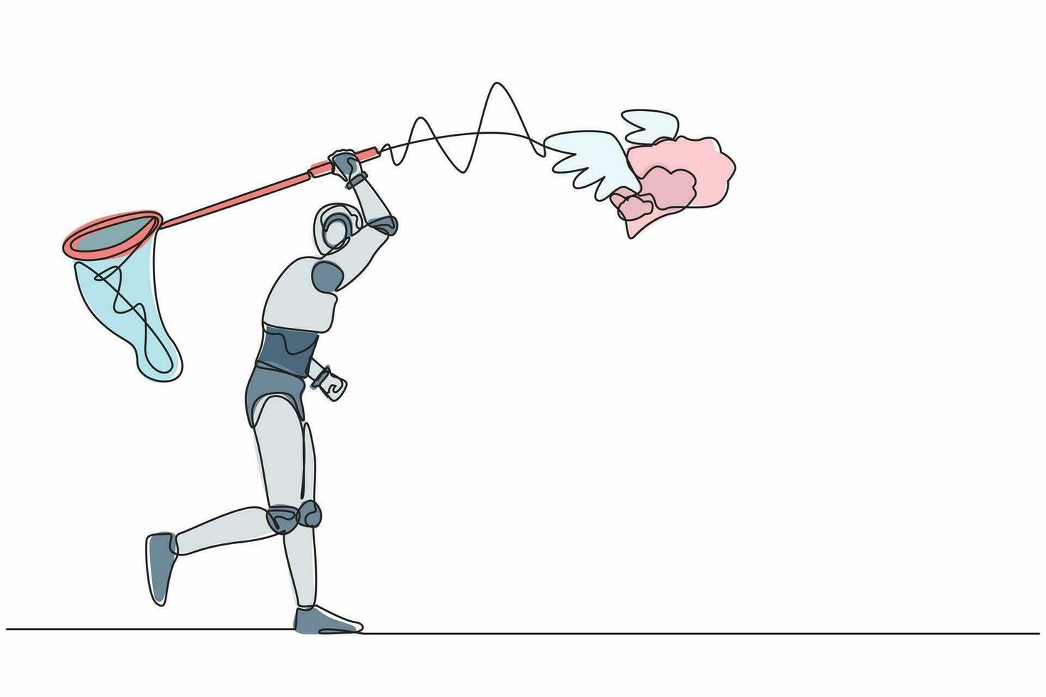 Continuous one line drawing robot try to catch flying brain with butterfly net. Genius idea for robot brain healthcare. Robot cybernetic organism. Single line draw design vector graphic illustration