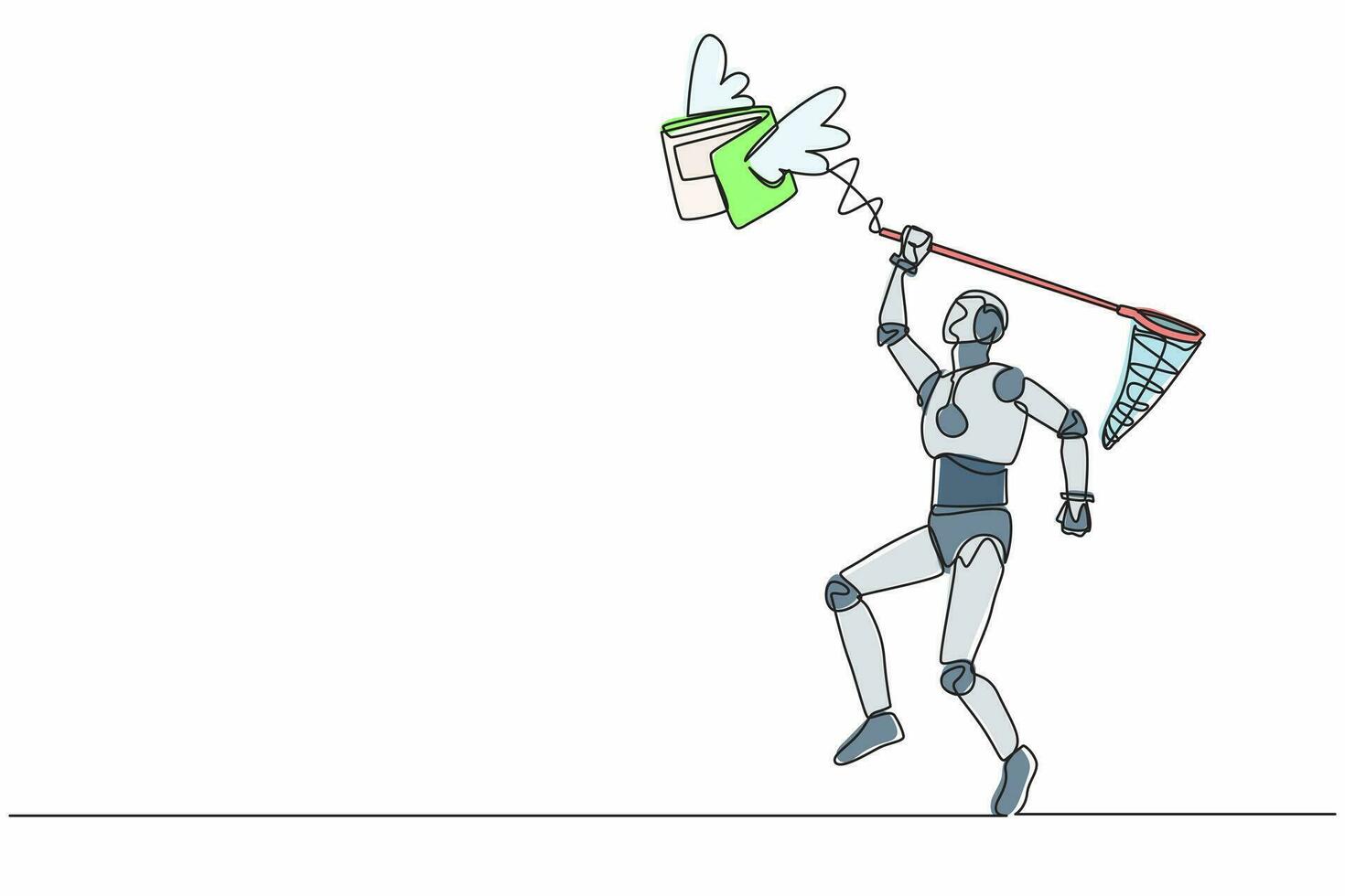 Single continuous line drawing robot try to catching flying wallet with butterfly net. Losing money in failed tech industry. Robotic artificial intelligence. One line draw design vector illustration