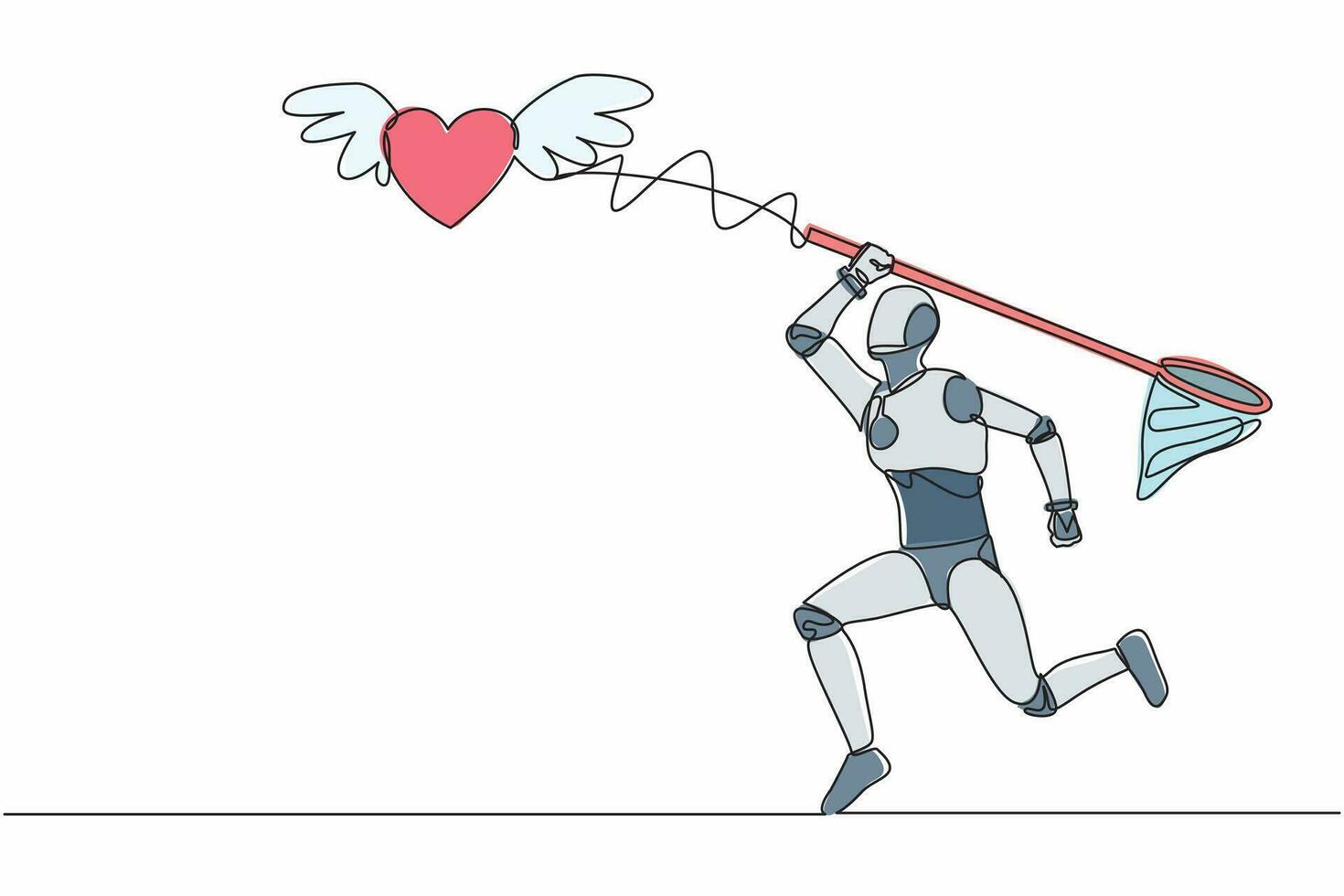 Single one line drawing robot try to catching flying heart with butterfly net. Love relationship with technology. Future technology. Artificial intelligence. Continuous line design vector illustration
