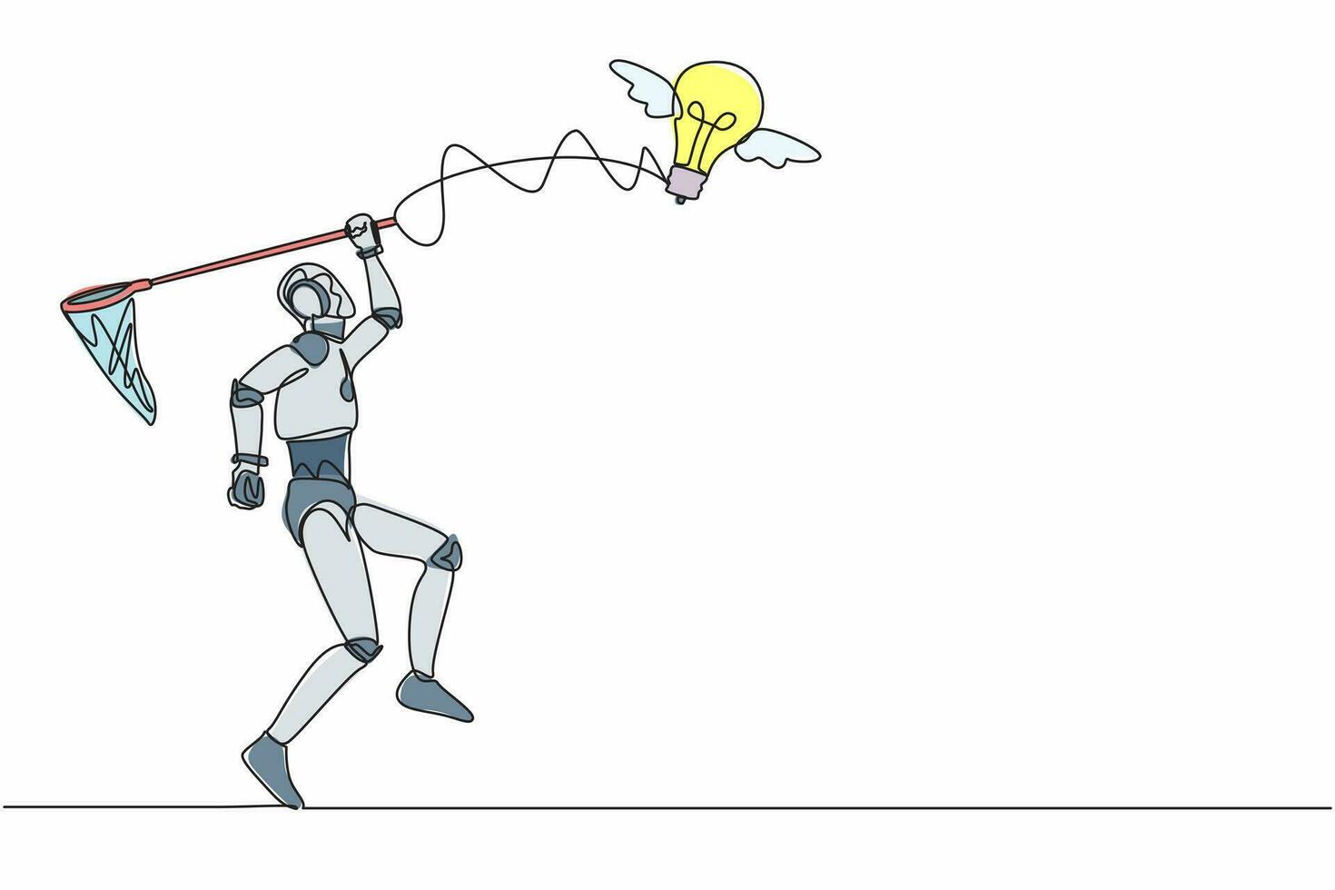 Single one line drawing robot try to catching flying light bulb with butterfly net. Hard to search tech inspiration, creative idea. Machine learning. Continuous line design graphic vector illustration
