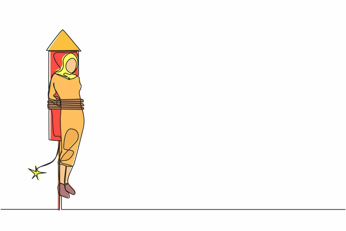 Continuous one line drawing Arabian businesswoman being fired and tied to launching rocket, feeling anxious, scared. Fear of impending disaster. Career failure. Single line design vector illustration