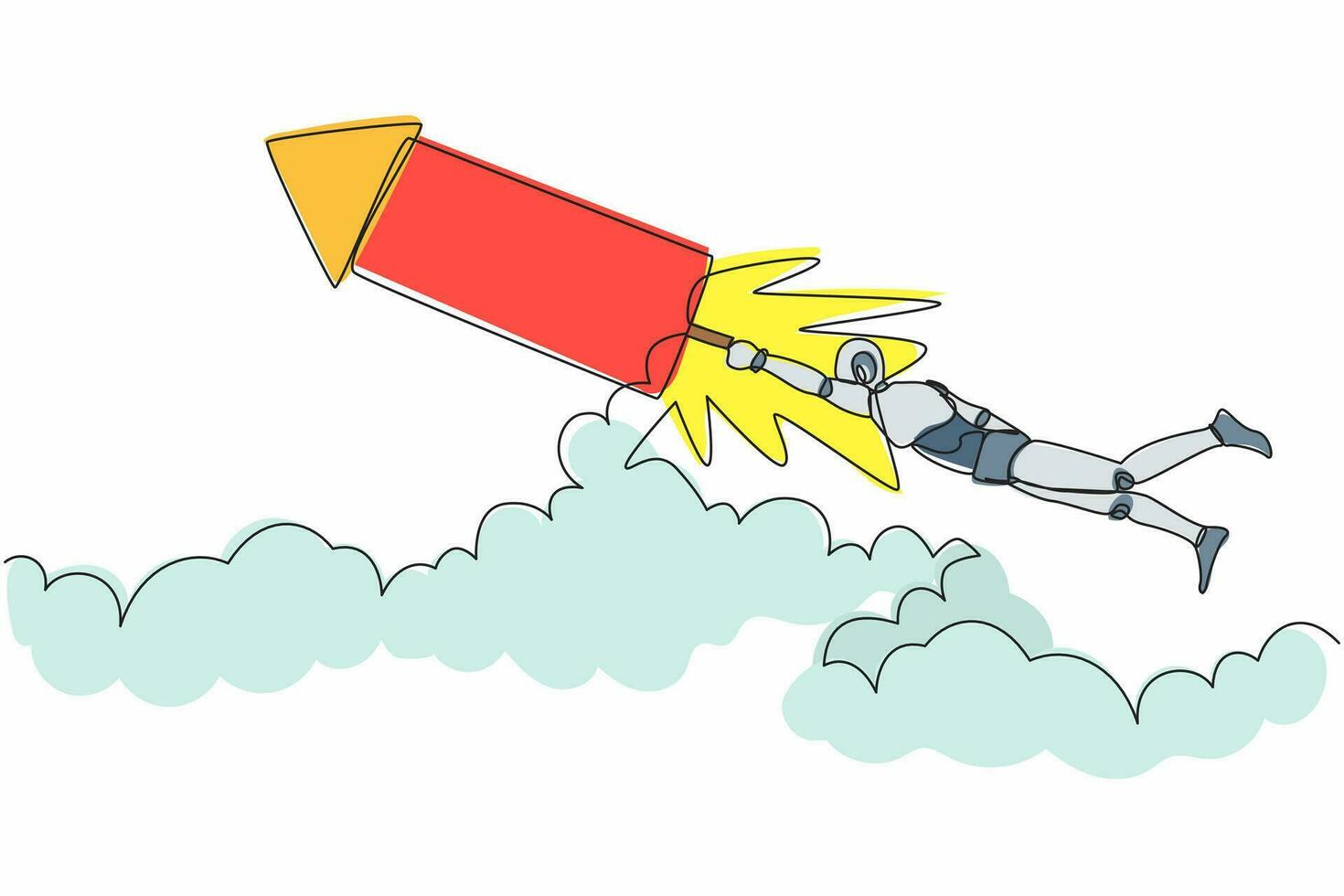 Single continuous line drawing robot fly on fireworks rockets while looking at business opportunities. Modern robotic artificial intelligence. Dynamic one line draw graphic design vector illustration
