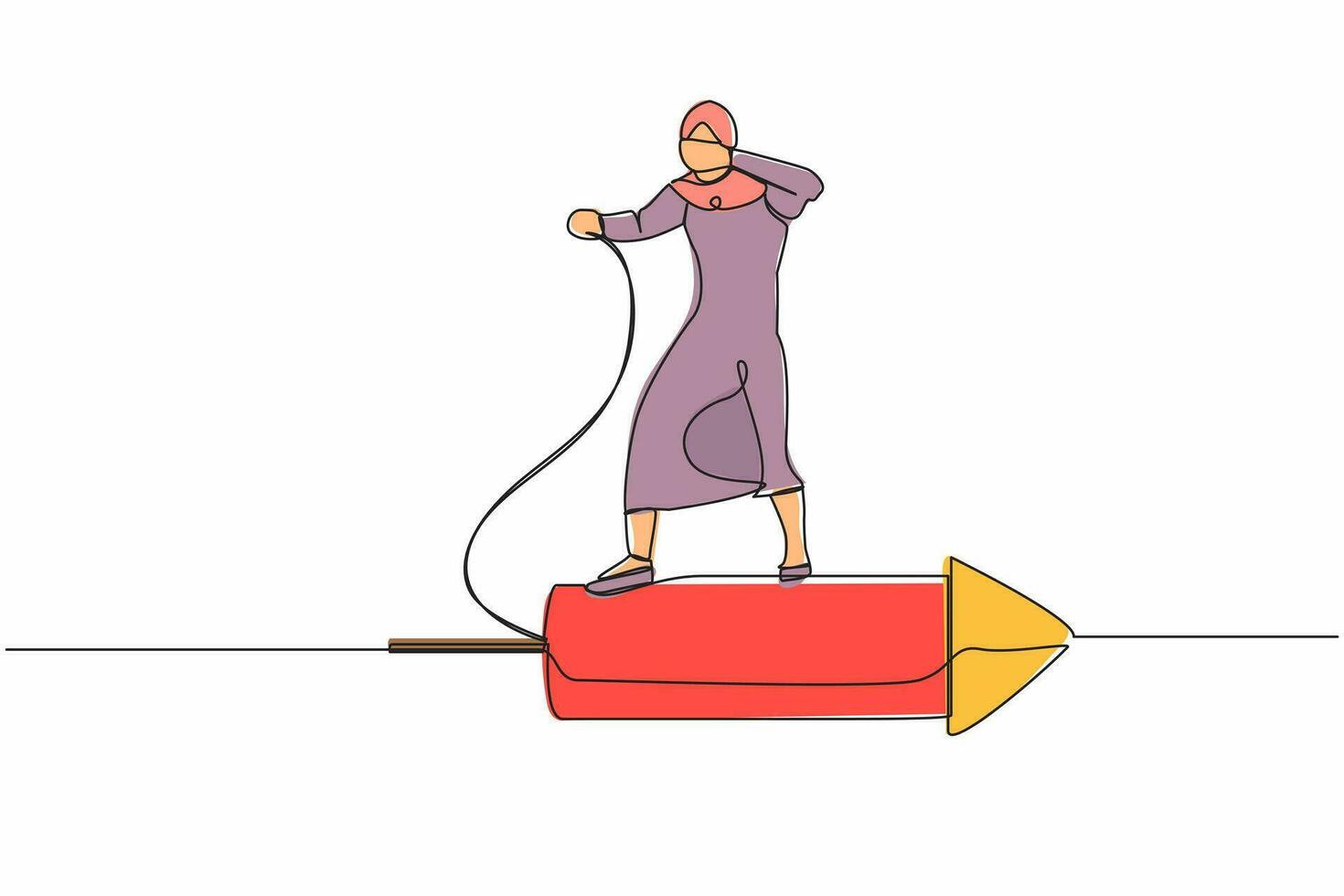 Continuous one line drawing Arab businesswoman standing on firework rocket, trying to set it on fire to growth career track. Agility motivation for success. Single line draw design vector illustration