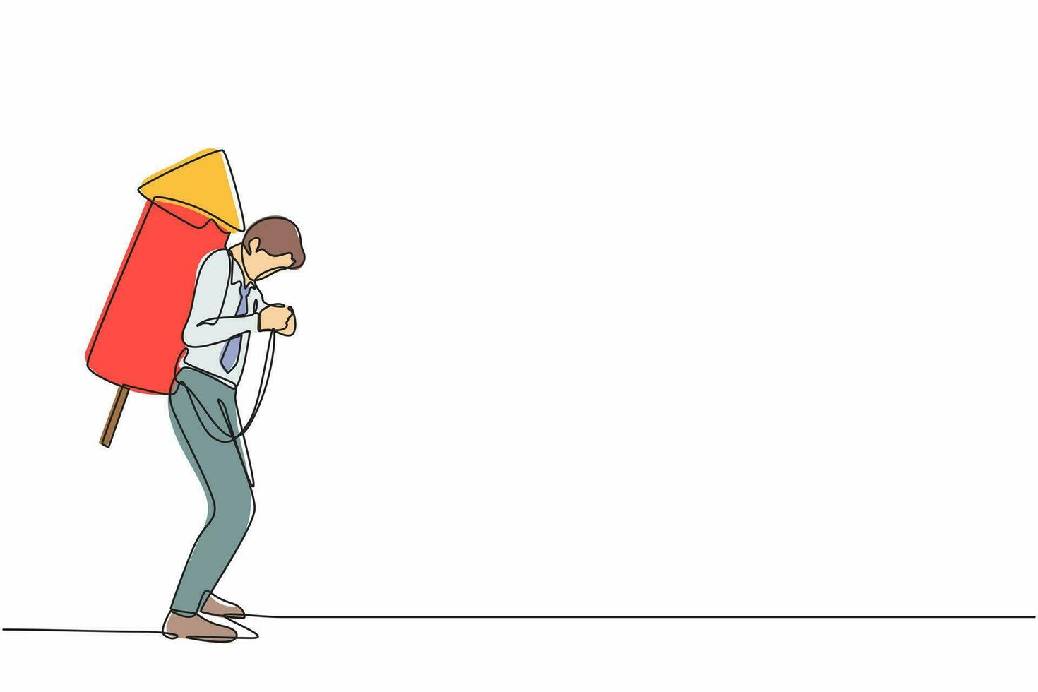 Single one line drawing businessman ignite large firework rocket attached to his back. Young entrepreneur prepare to start running new business. Continuous line draw design graphic vector illustration