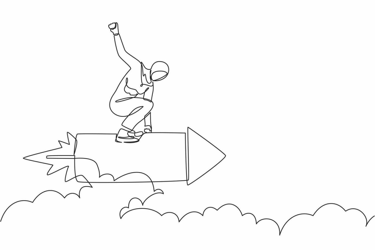 soltero continuo línea dibujo árabe mujer de negocios en pie a horcajadas un cohete y volador mediante el aire. exitoso negocio y motivación concepto. uno línea dibujar gráfico diseño vector ilustración