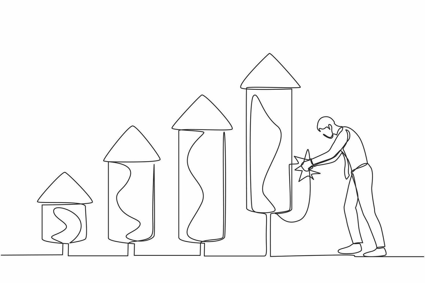Continuous one line drawing smart businessman ignite firework rocket bar graph to increase company growth. Grow business, boost investment profit. Single line draw design vector graphic illustration