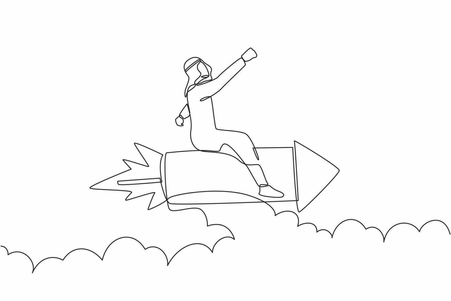 Continuous one line drawing Arab businessman flying high riding firework rocket. Ready to launching new startup business digital. Minimal metaphor. Single line draw design vector graphic illustration
