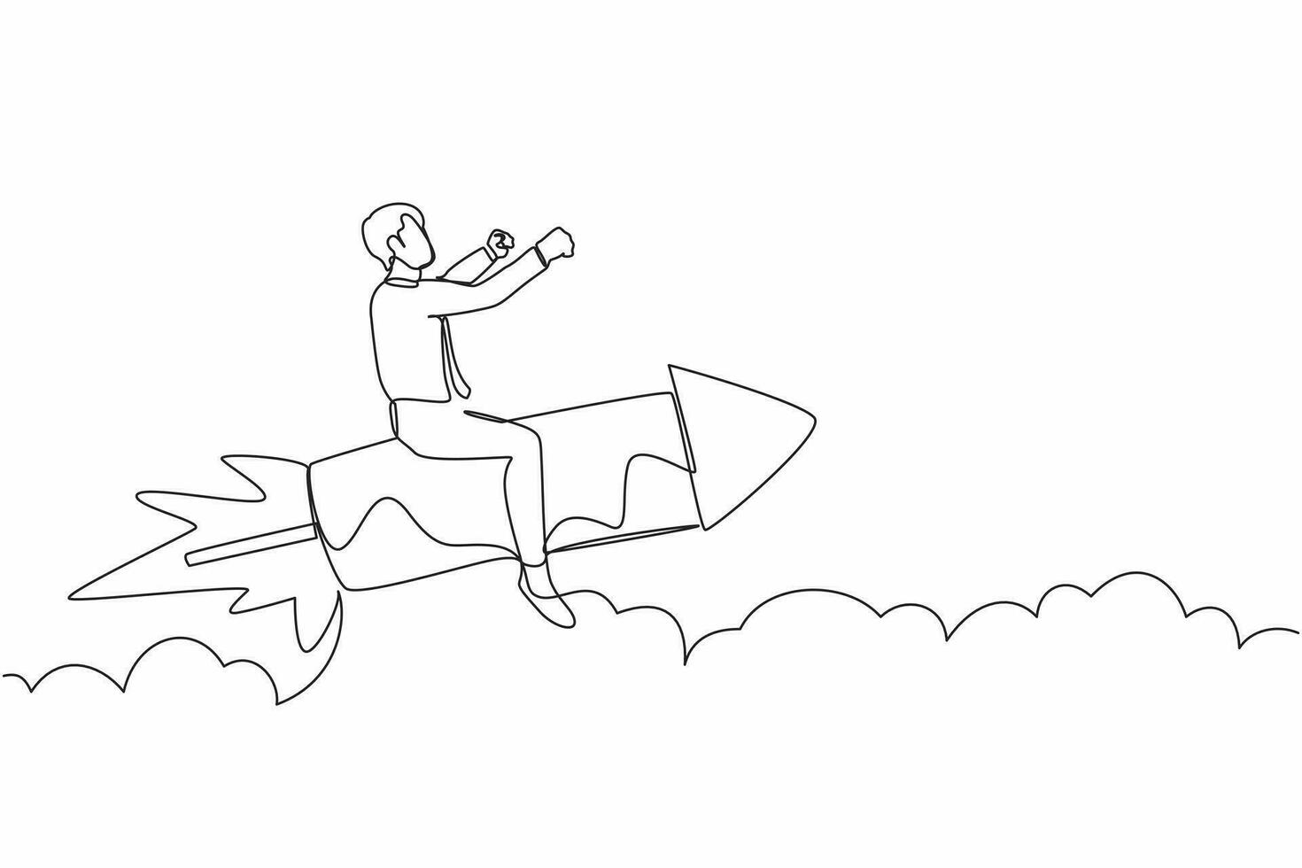 Continuous one line drawing businessman sitting astride a rocket and flying through the air. Successful business, leadership concept. Minimalist metaphor. Single line draw design vector illustration