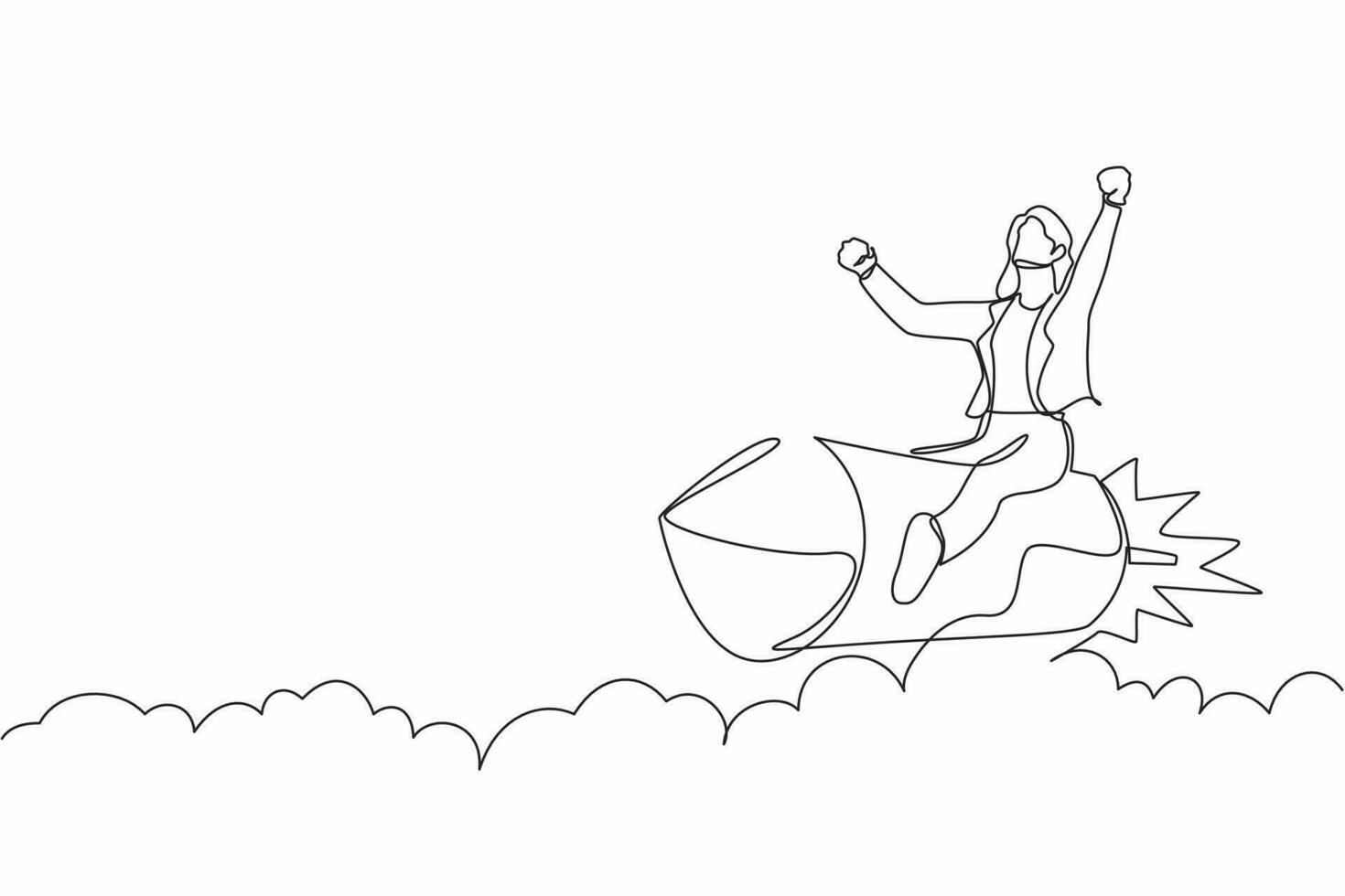 Single continuous line drawing businesswoman riding a rocket through the sky, concept for business success or innovation. Minimalist metaphor. Dynamic one line draw graphic design vector illustration