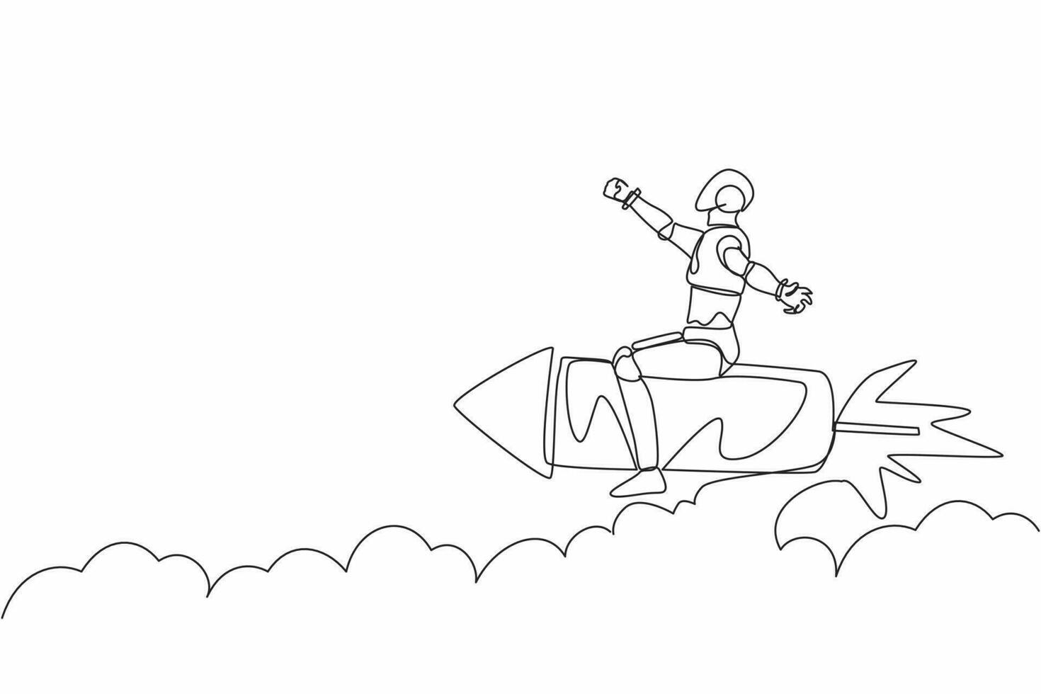Single one line drawing robot flying high riding firework rocket. Future technology development. Artificial intelligence machine learning processes. Continuous line design graphic vector illustration