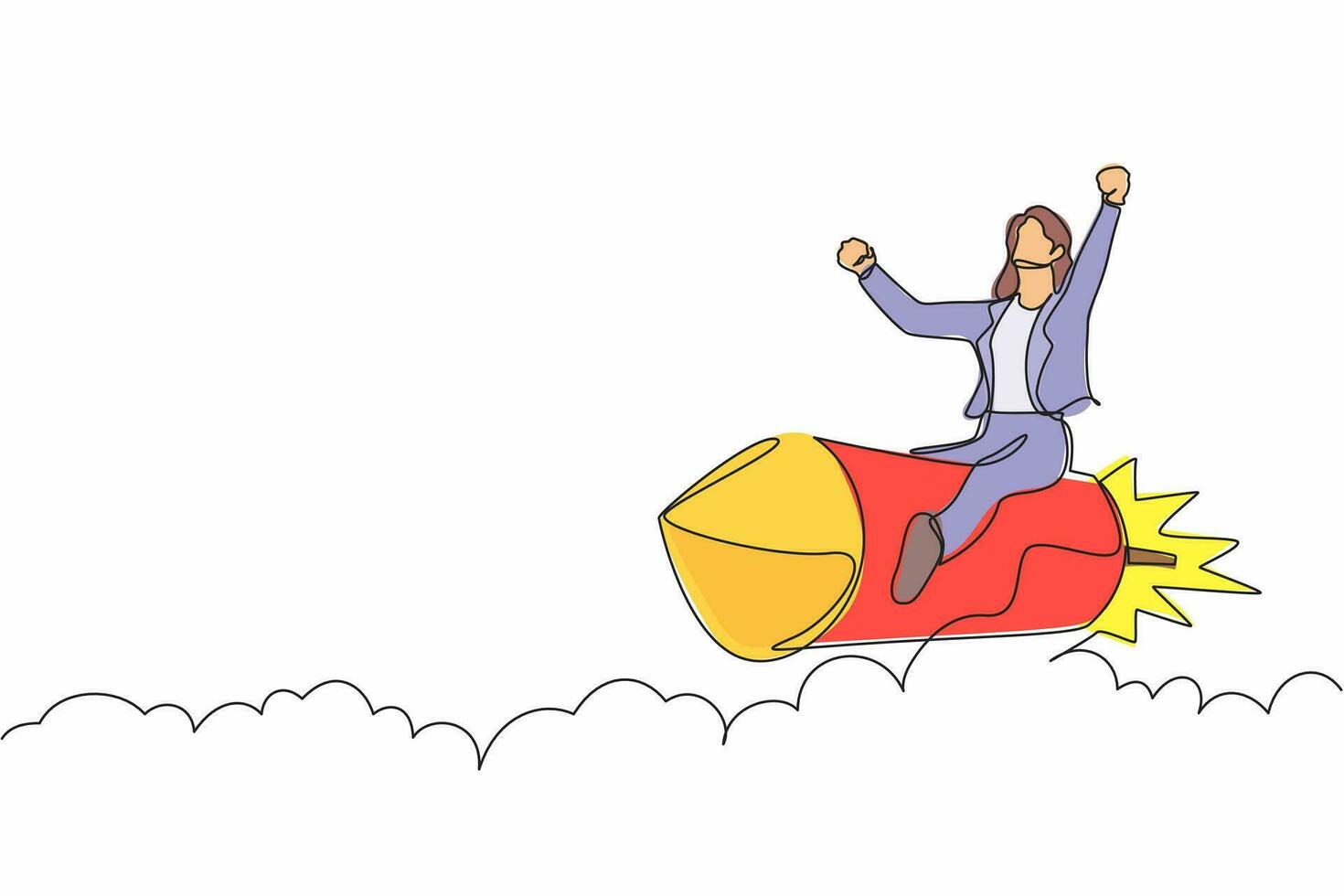Single continuous line drawing businesswoman riding a rocket through the sky, concept for business success or innovation. Minimalist metaphor. Dynamic one line draw graphic design vector illustration