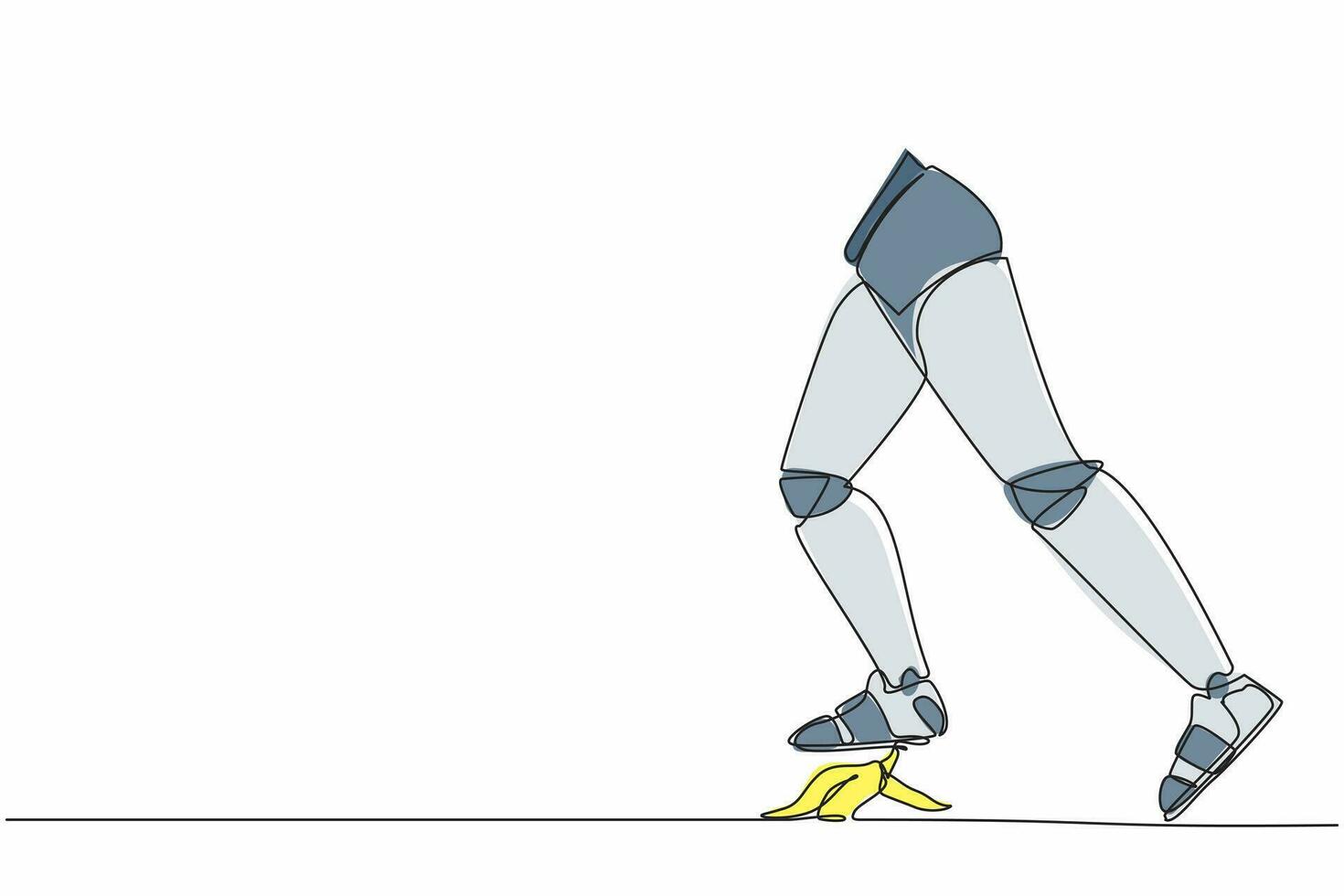 Continuous one line drawing of unlucky robot leg step on banana peel. Imminent danger, banana peel under robot foot. Humanoid robot cybernetic organism. Single line design vector graphic illustration