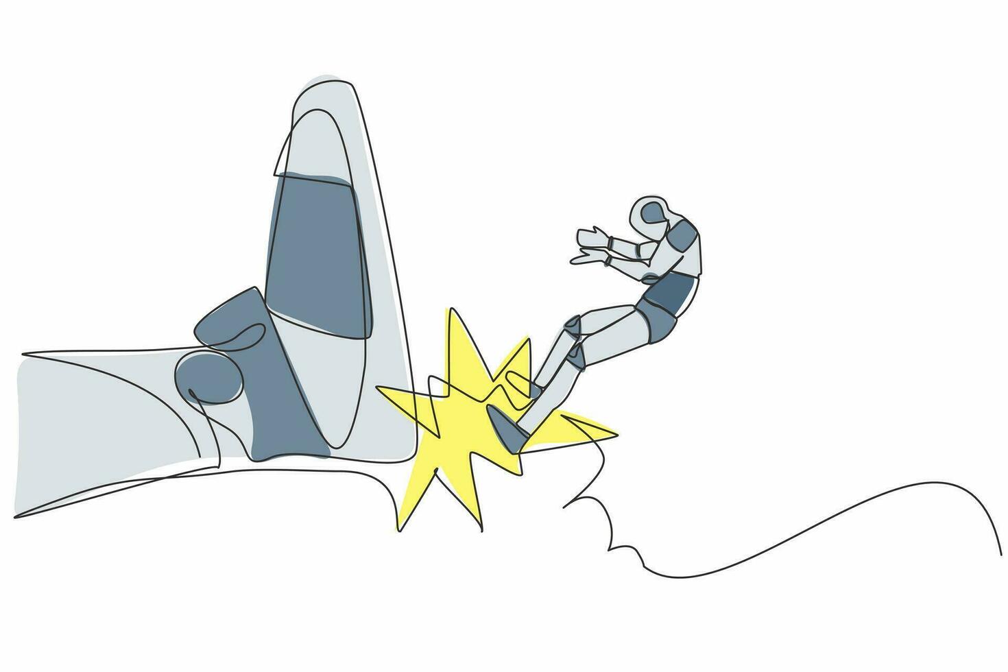 Single continuous line drawing robot kicked out by big foot. Bankruptcy, insolvency. Robot become unemployed. Modern robotic artificial intelligence. One line draw graphic design vector illustration