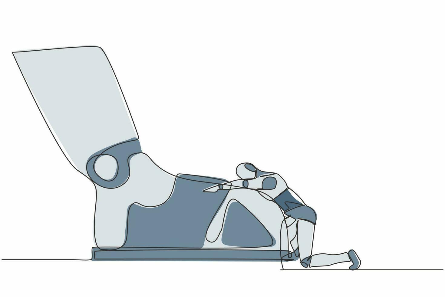 Single one line drawing of robot kneeling a giant foot or shoe. Robot apologize to boss. Future technology development. Artificial intelligence. Continuous line draw design graphic vector illustration