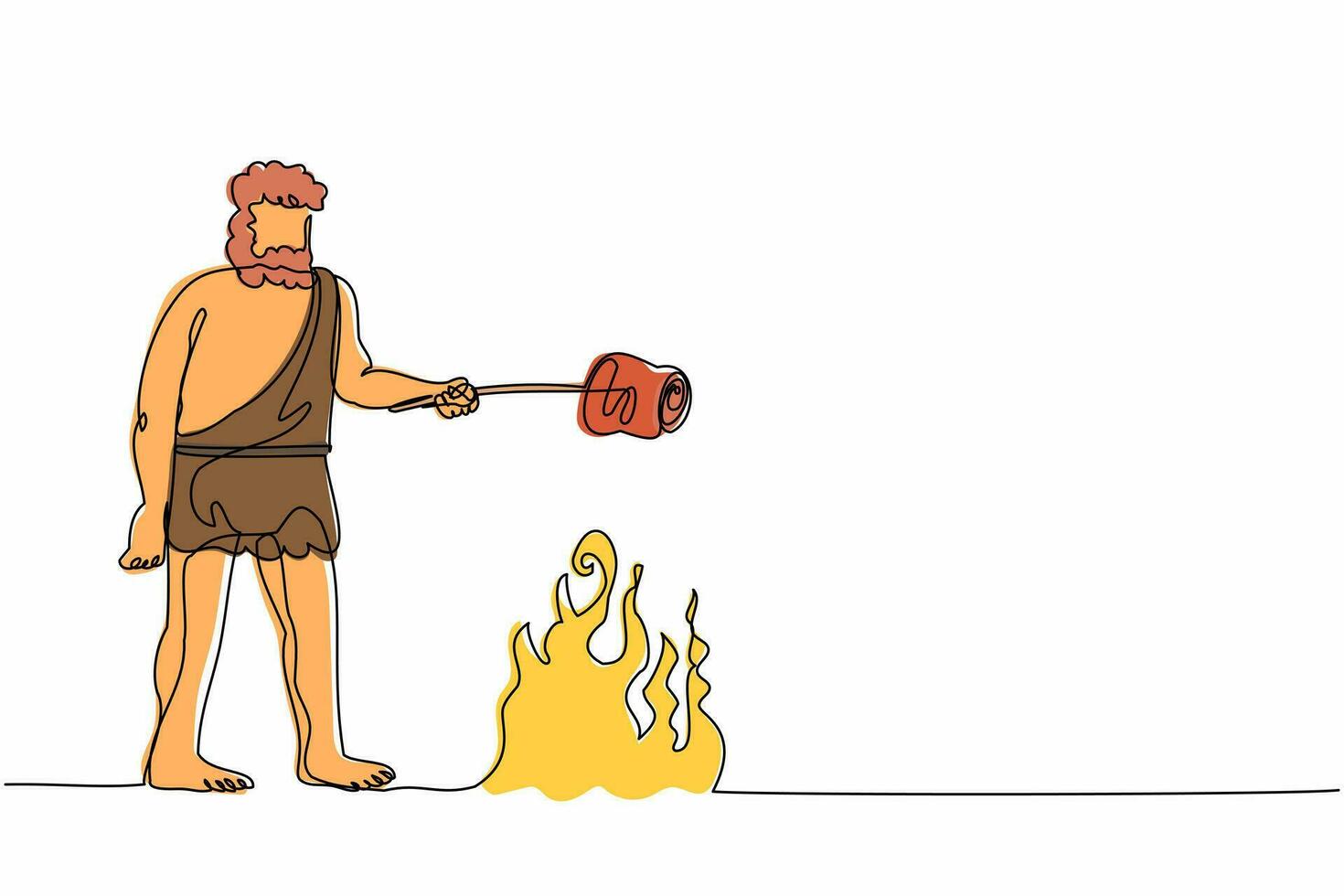 Single continuous line drawing caveman stands and cooking meat food on campfire. Prehistoric man standing and cooking meat on bonfire. Archaic human. One line draw graphic design vector illustration