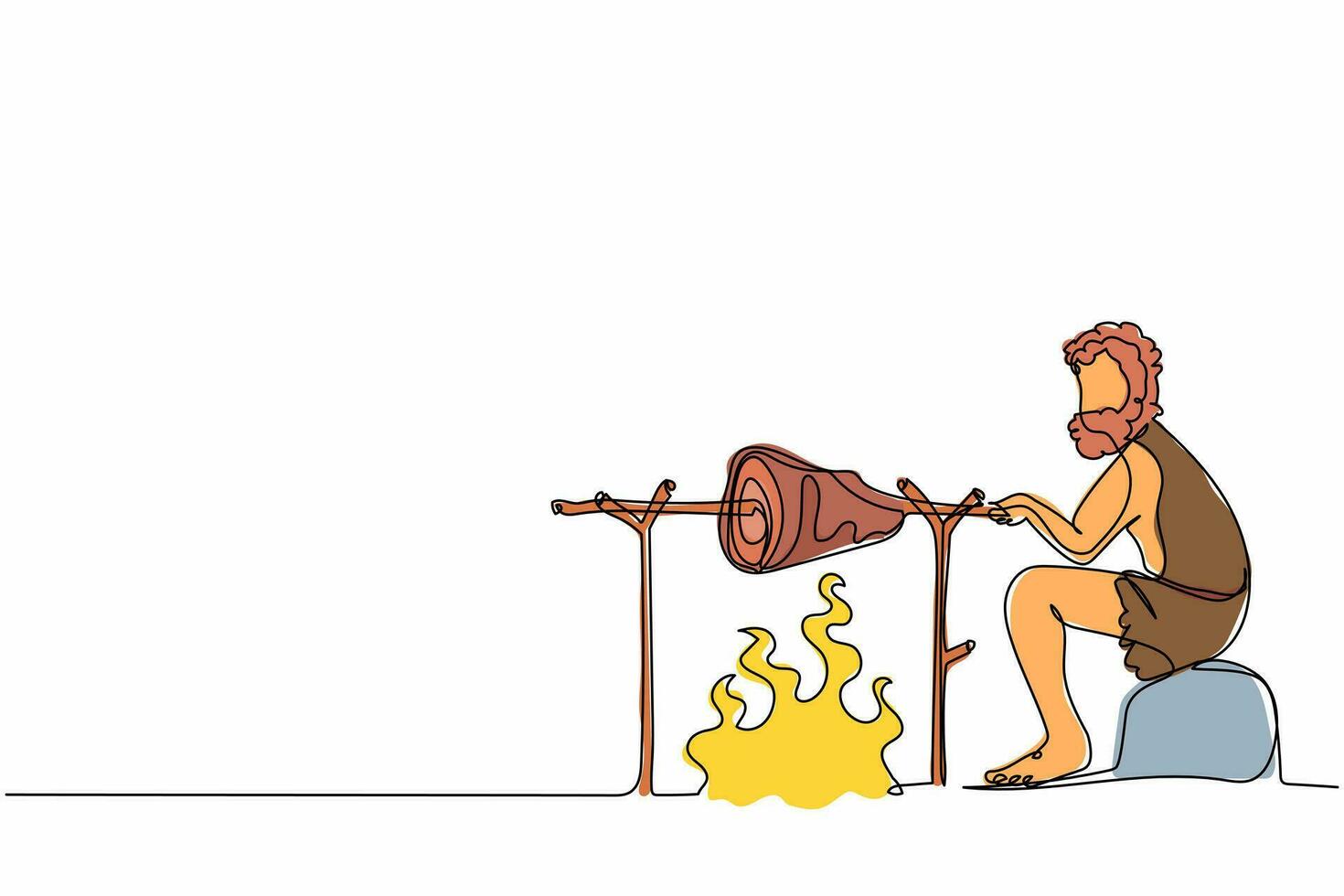 Continuous one line drawing stone age man sitting, cooking meat food on campfire. Prehistoric man sitting, cooking meat on bonfire. Ancient human. Single line draw design vector graphic illustration