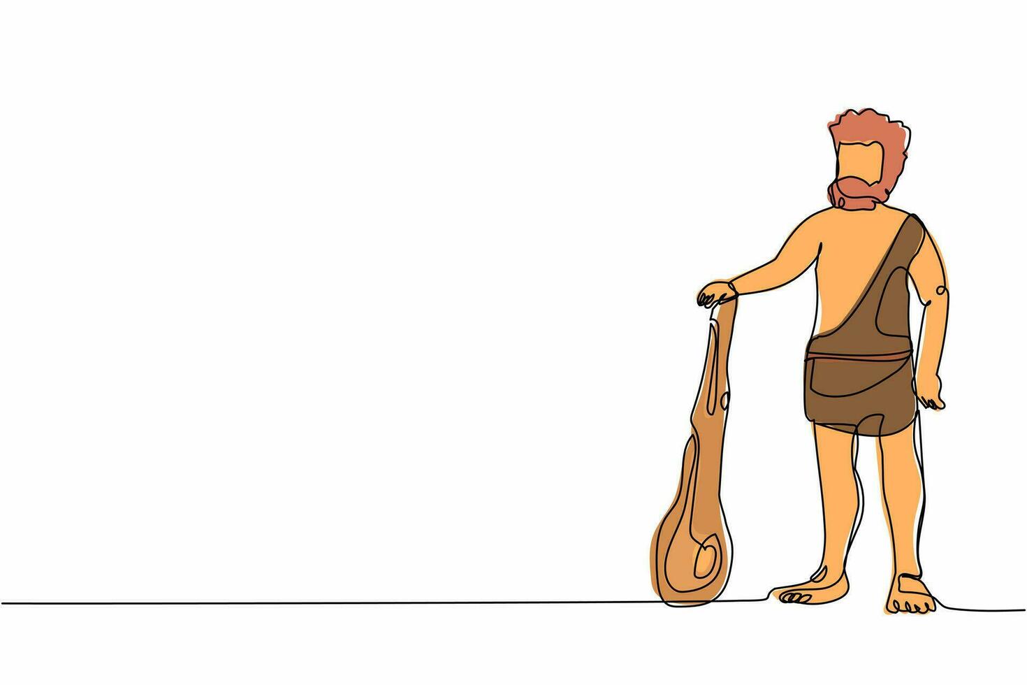 dibujo de una sola línea primitivo hombre arcaico vestido con ropa hecha de piel animal y sosteniendo un cudgel. hombre de las cavernas de la edad de piedra. cazador de neandertales. ilustración de vector de diseño gráfico de línea continua